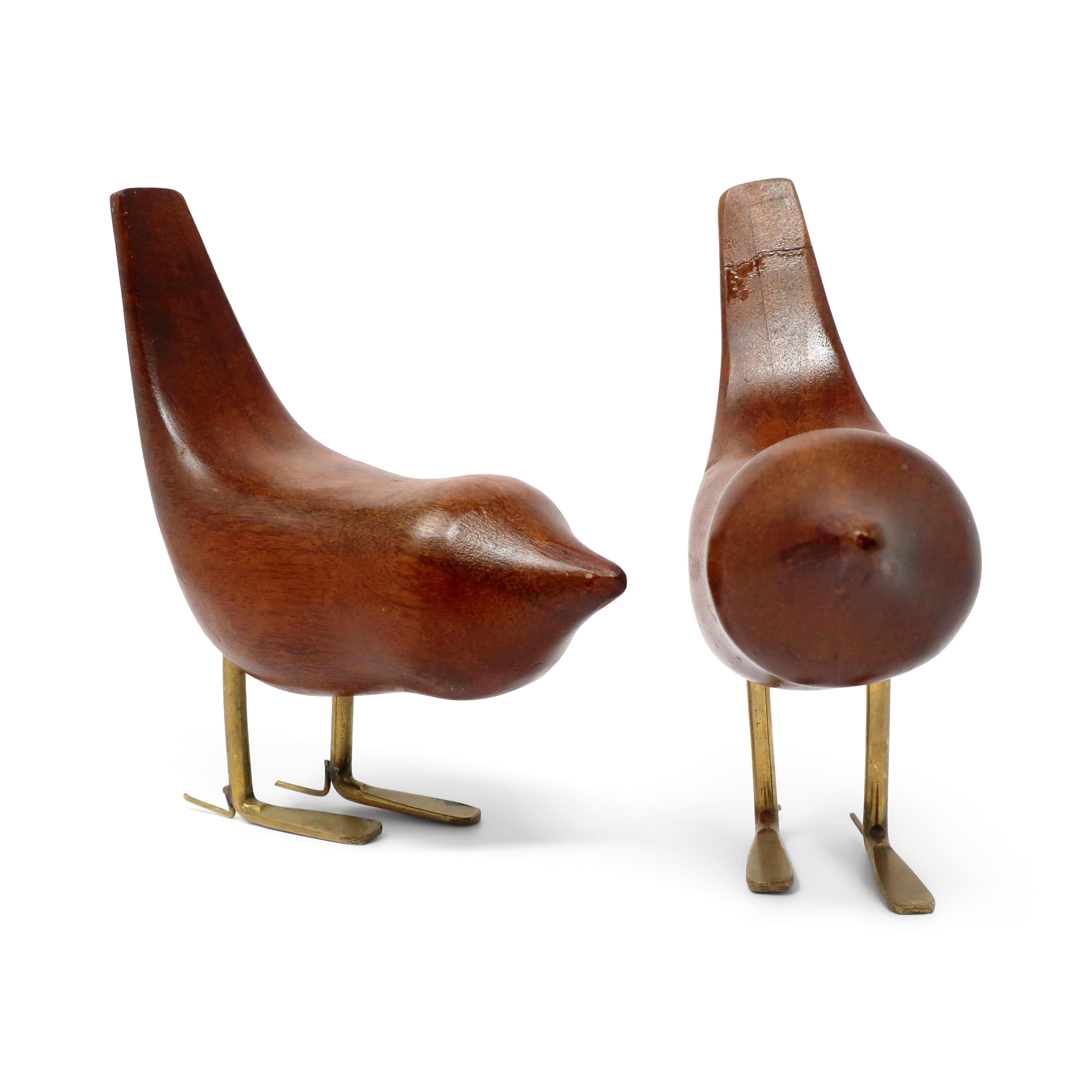 Pair of Danish Modern Teak and Brass Bird Sculptures In Fair Condition In Brooklyn, NY