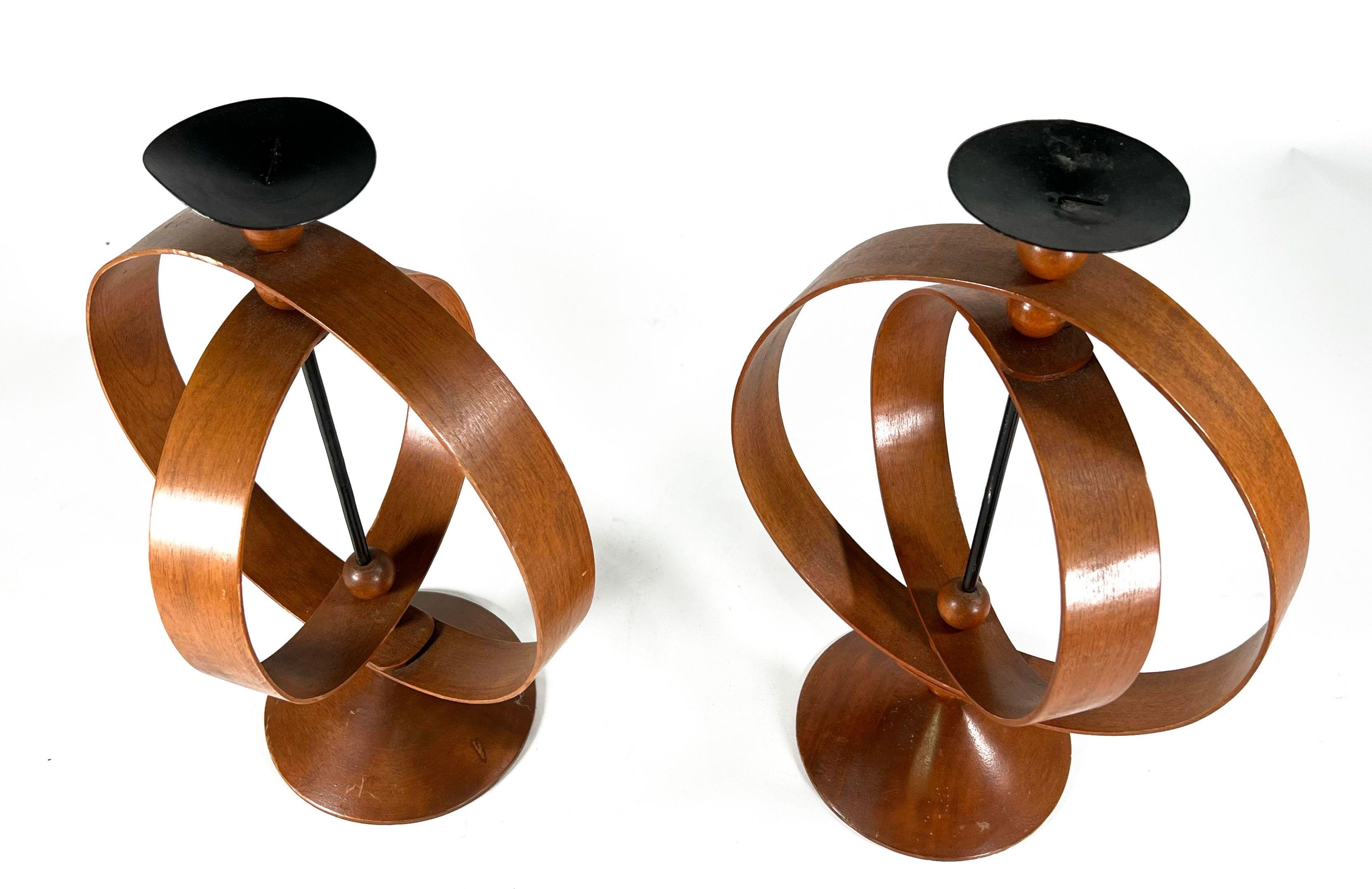 Pair of Danish Modern Teak Rotating Spherical Candlesticks In Good Condition For Sale In Hollywood, FL