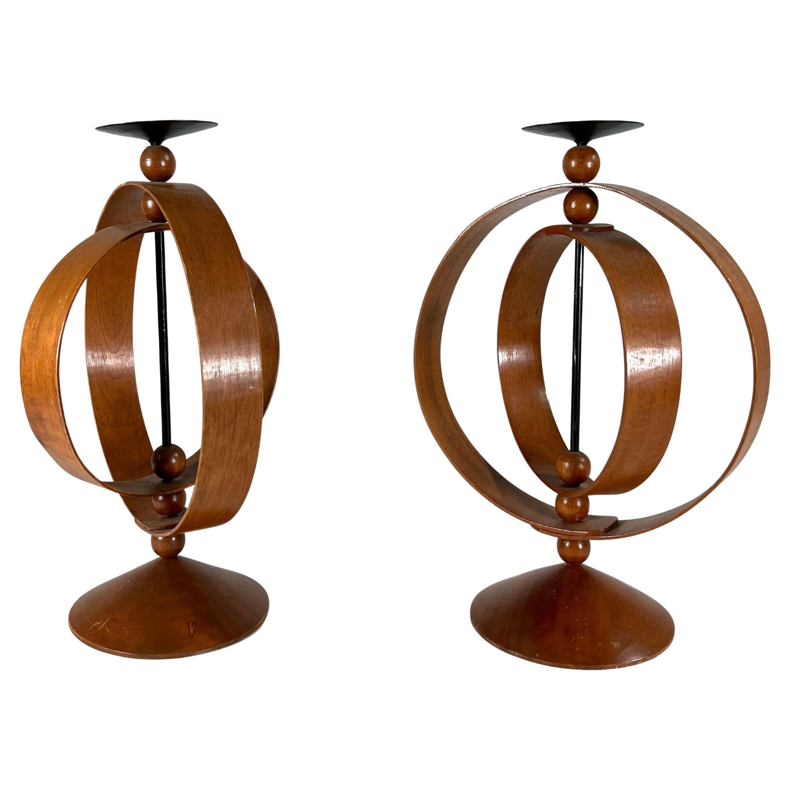 Pair of Danish Modern Teak Rotating Spherical Candlesticks For Sale