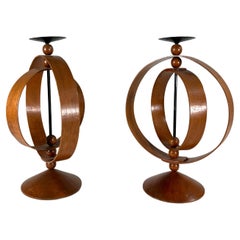 Vintage Pair of Danish Modern Teak Rotating Spherical Candlesticks