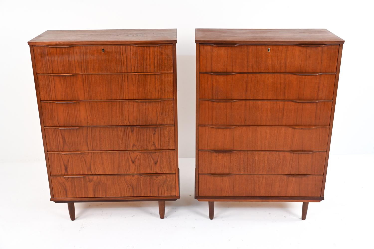 Mid-Century Modern Pair of Danish Modern Teak Tallboy Dressers, c. 1960's For Sale