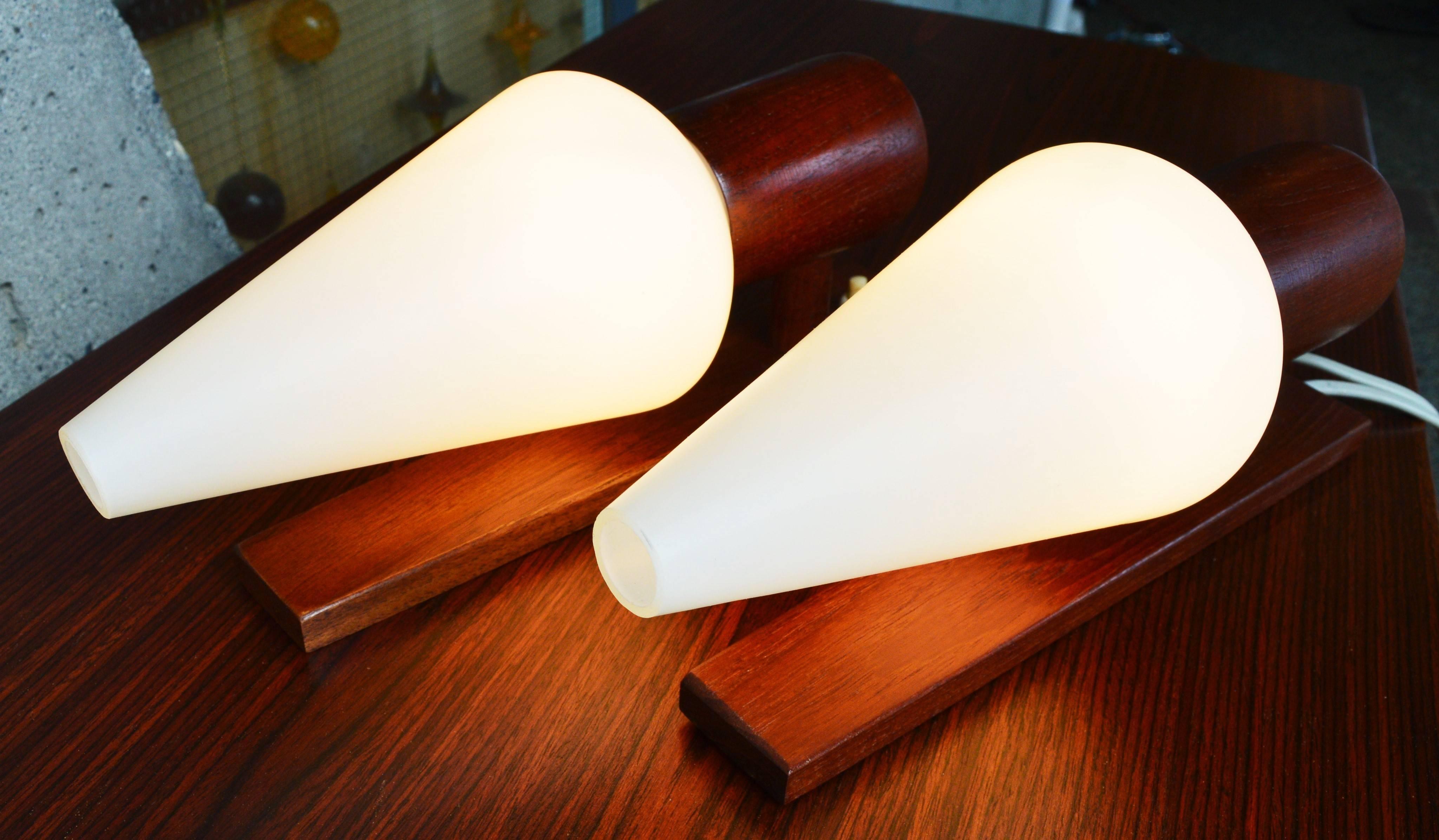 Pair of Danish Modern Teak Wall Sconces with Conical Frosted White Glass Shades 3