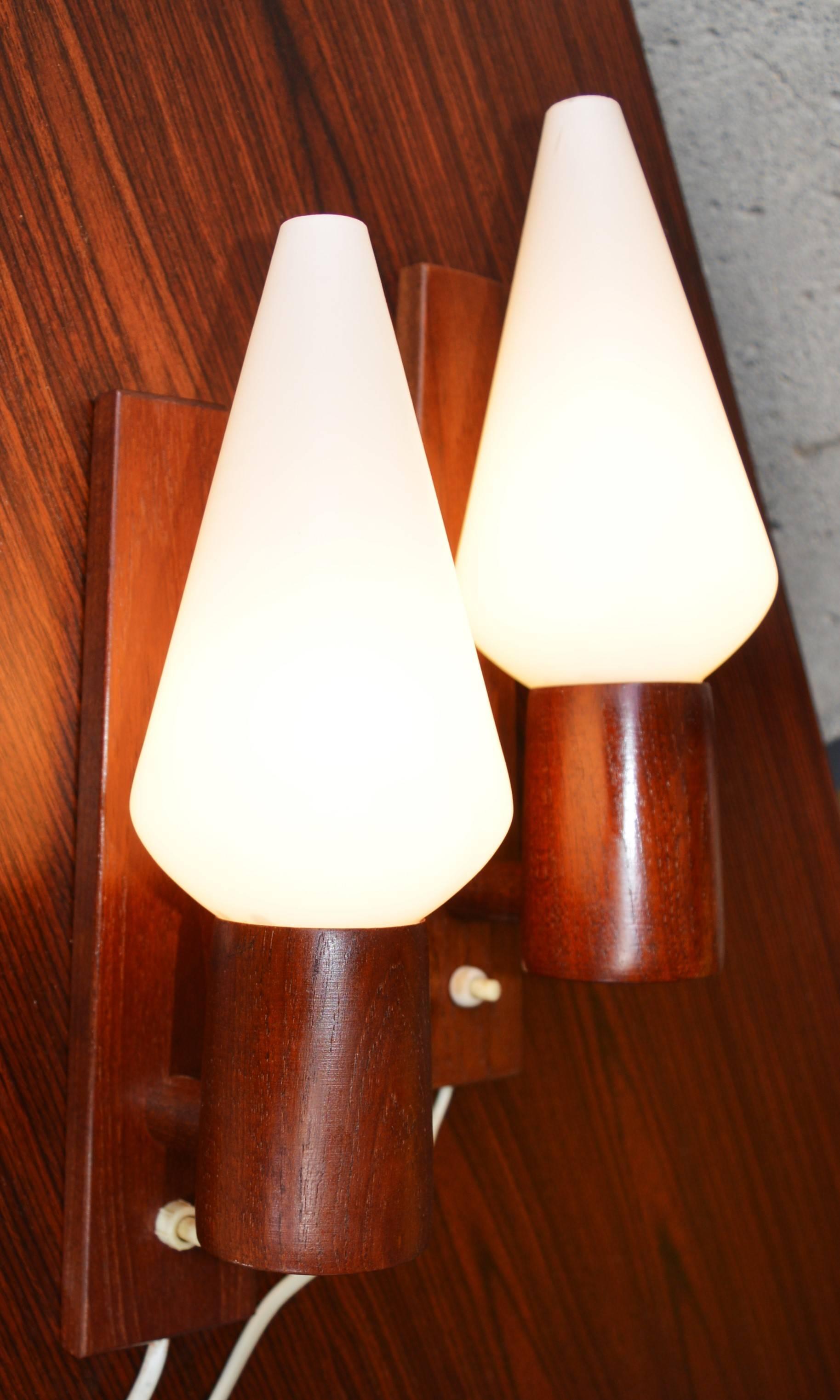 Pair of Danish Modern Teak Wall Sconces with Conical Frosted White Glass Shades 4