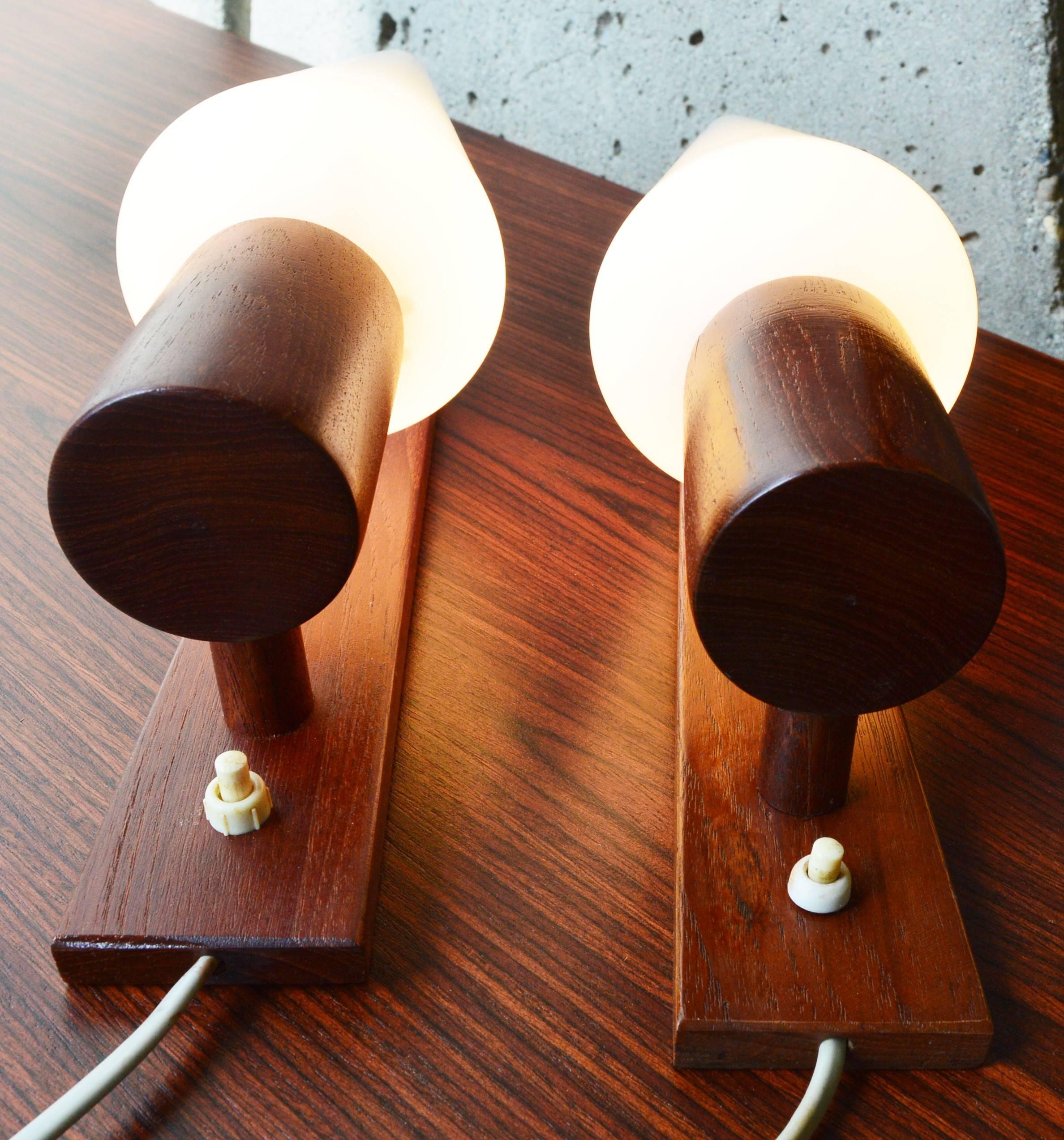 Pair of Danish Modern Teak Wall Sconces with Conical Frosted White Glass Shades 5