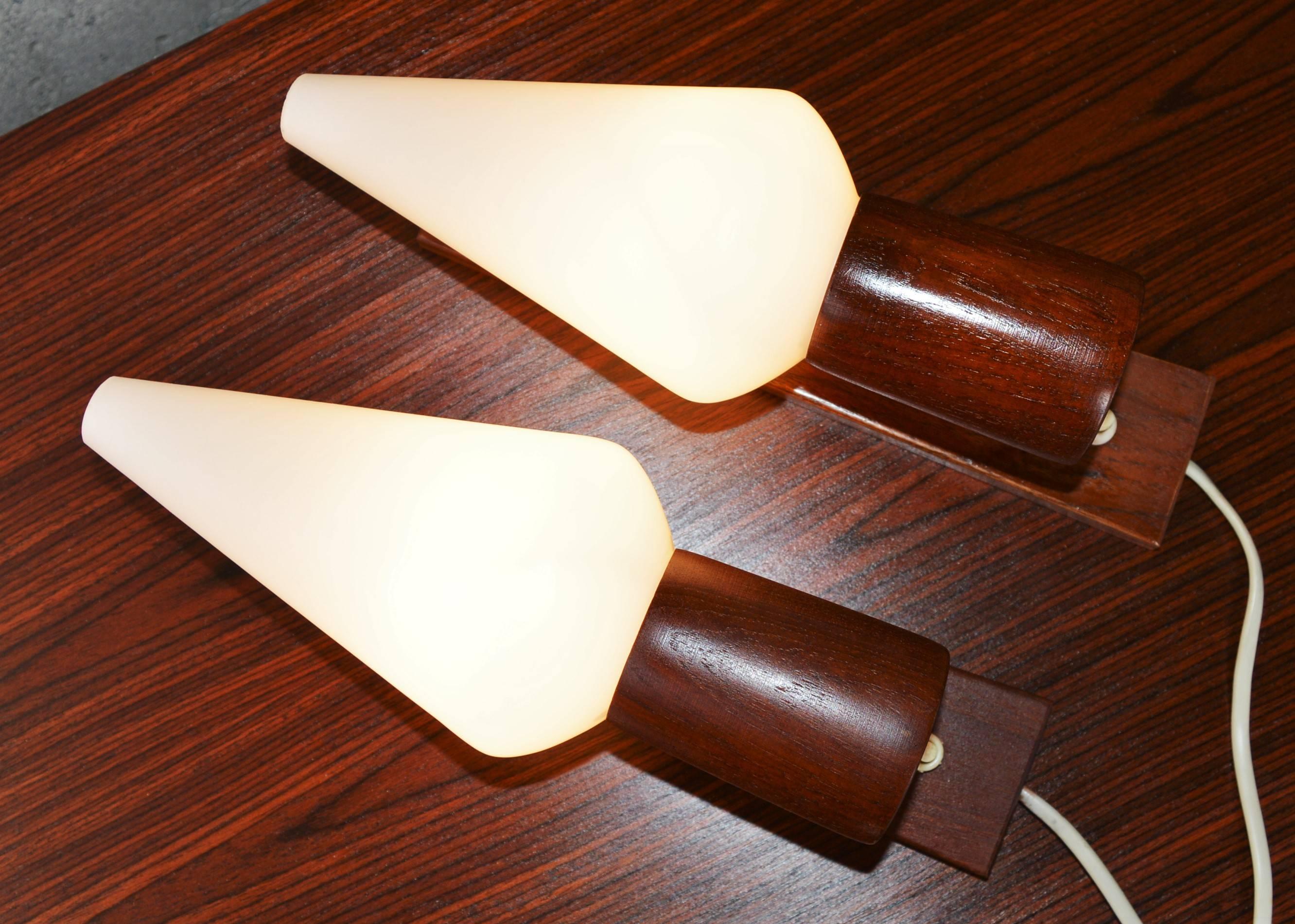 Pair of Danish Modern Teak Wall Sconces with Conical Frosted White Glass Shades 6