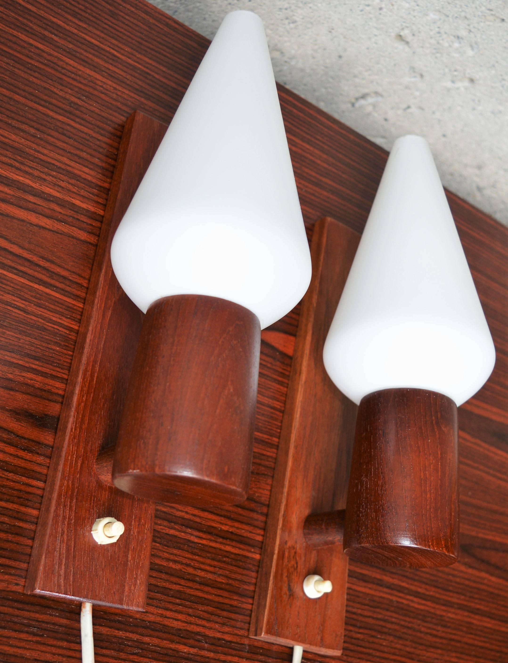 Mid-Century Modern Pair of Danish Modern Teak Wall Sconces with Conical Frosted White Glass Shades
