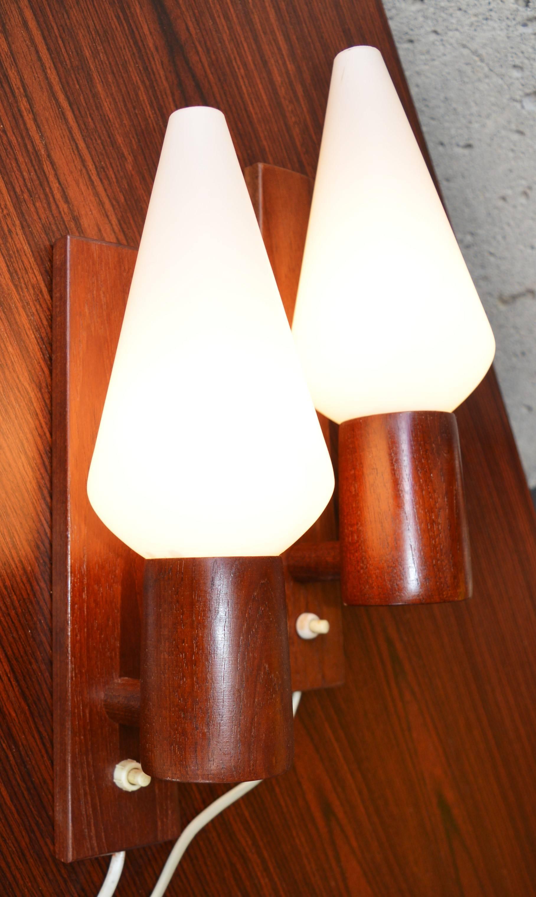 Pair of Danish Modern Teak Wall Sconces with Conical Frosted White Glass Shades 2