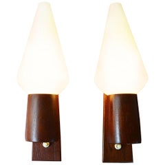 Pair of Danish Modern Teak Wall Sconces with Conical Frosted White Glass Shades