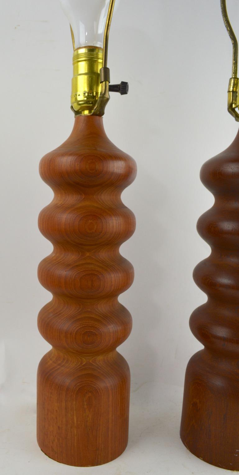 Scandinavian Modern Pair of Danish Modern Turned Teak Wood Table Lamps