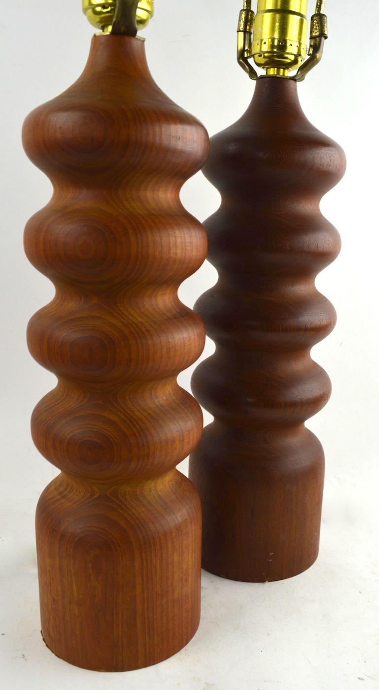 20th Century Pair of Danish Modern Turned Teak Wood Table Lamps