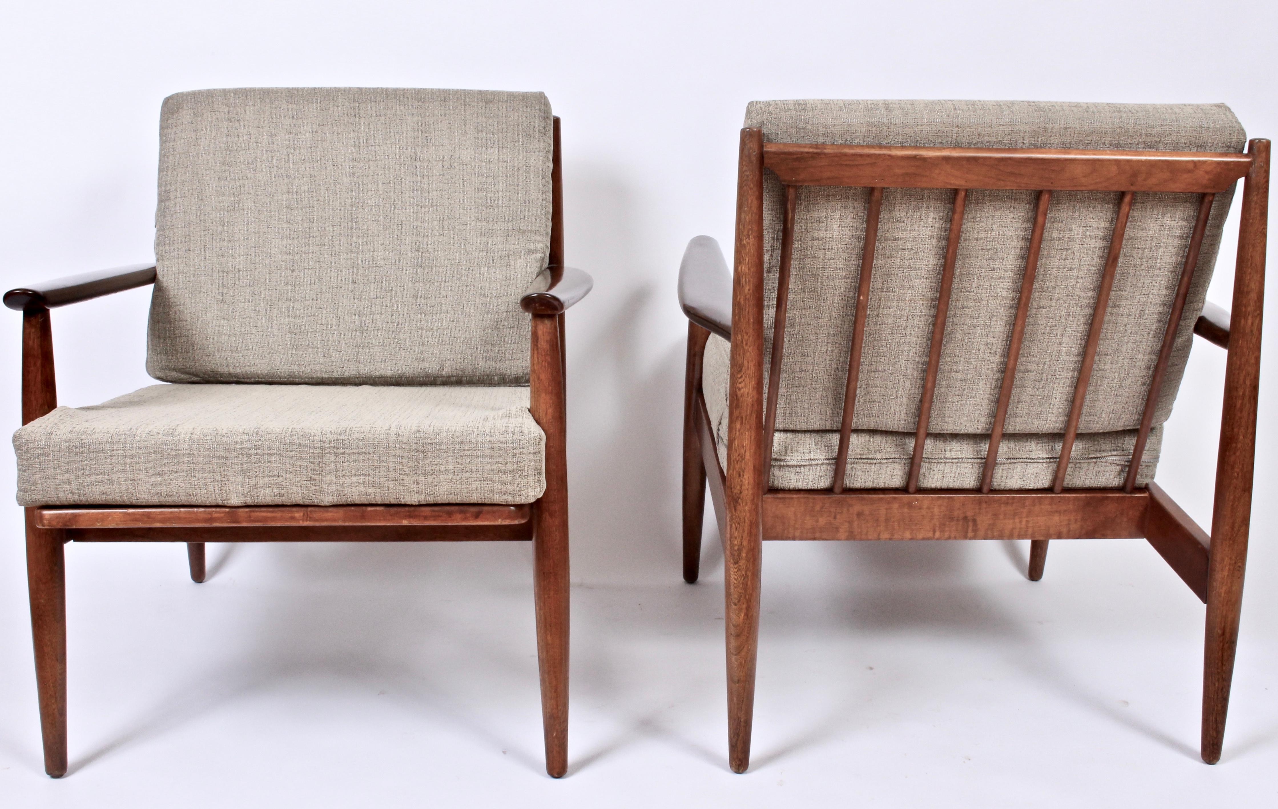 Fabric Pair of Danish Modern Viko Baumritter Solid Walnut Lounge Chairs, 1950s 
