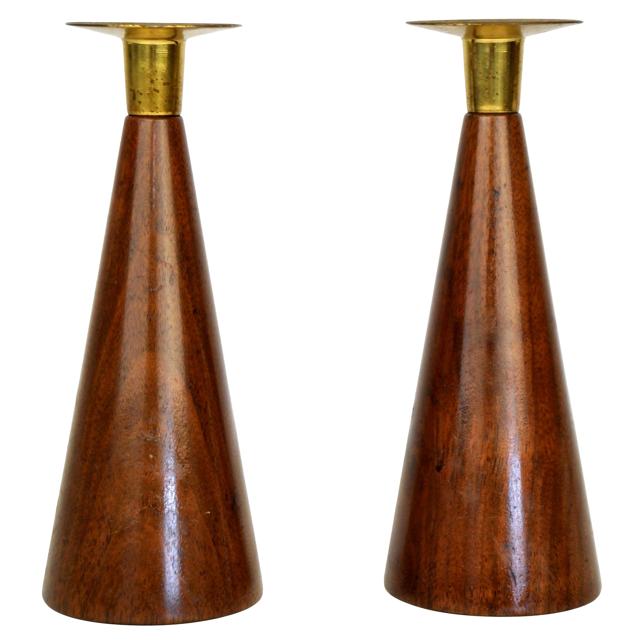 Pair of Danish Modern Walnut and Brass Candlesticks
