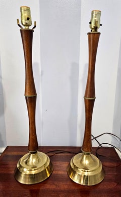 Pair of Danish Modern Walnut and Brass Faux Bamboo Table Lamps