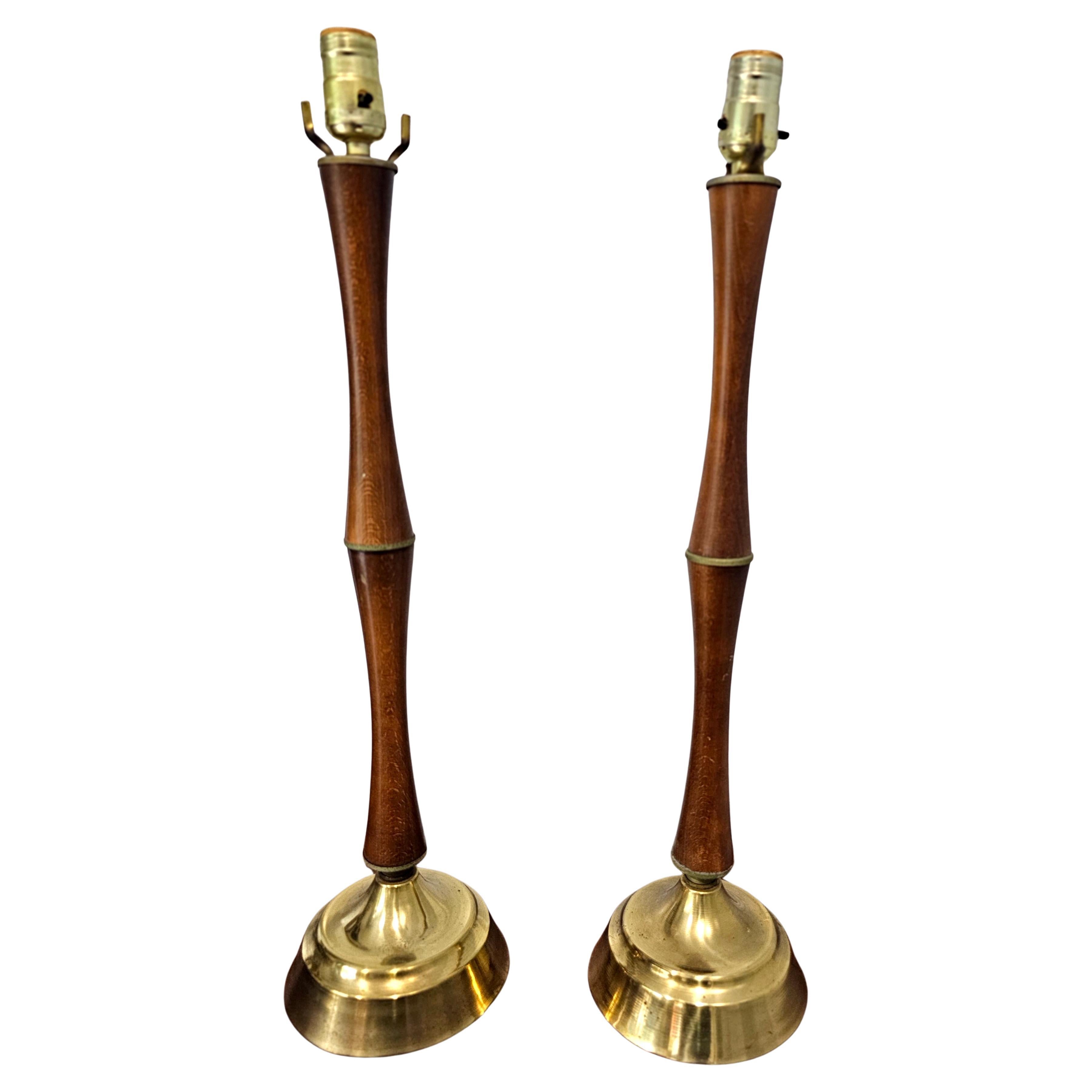 Pair of Danish Modern Walnut and Brass Faux Bamboo Table Lamps