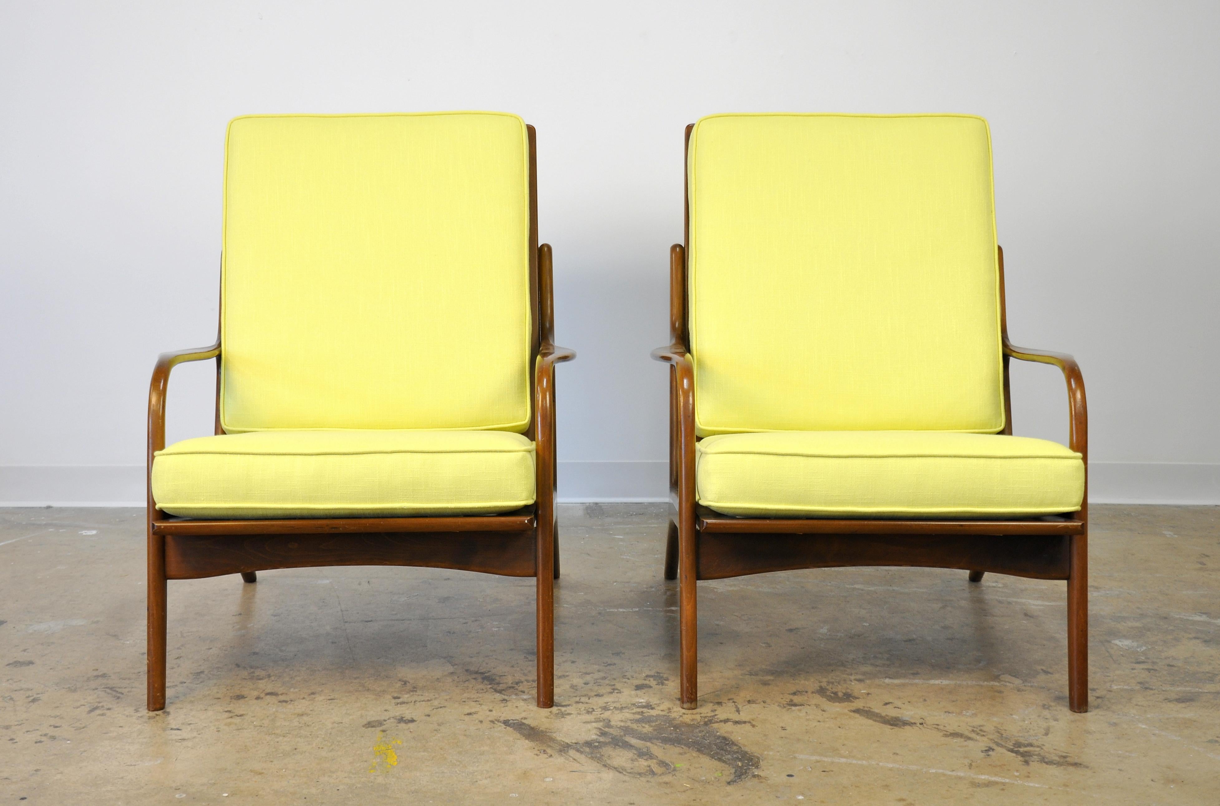 Wood Pair of Danish Mid-Century Modern Yellow Lounge Chairs and Ottoman