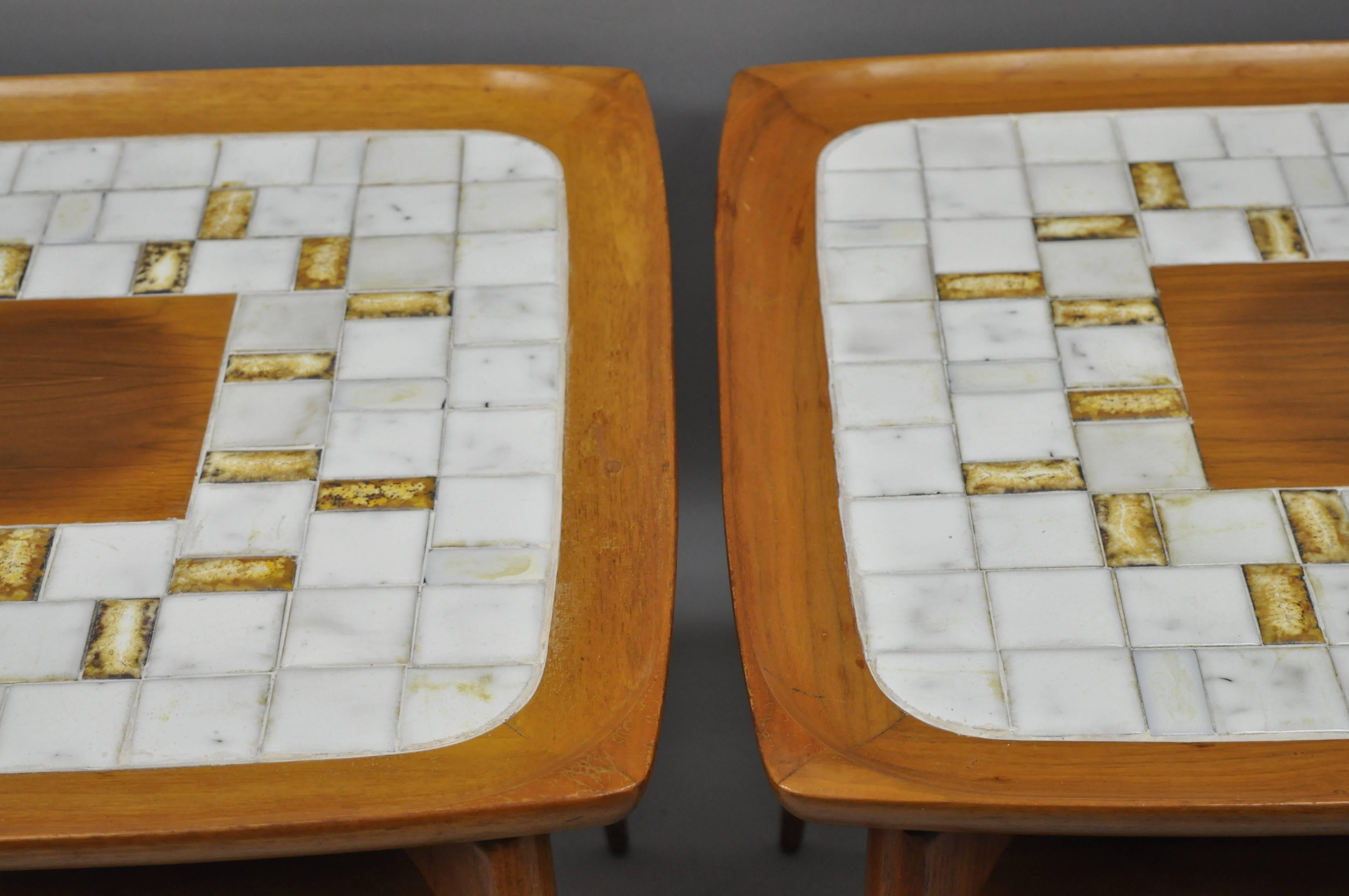 Pair of Mid Century Danish Modern Walnut & Tile Dish Top Sculptural End Tables For Sale 4