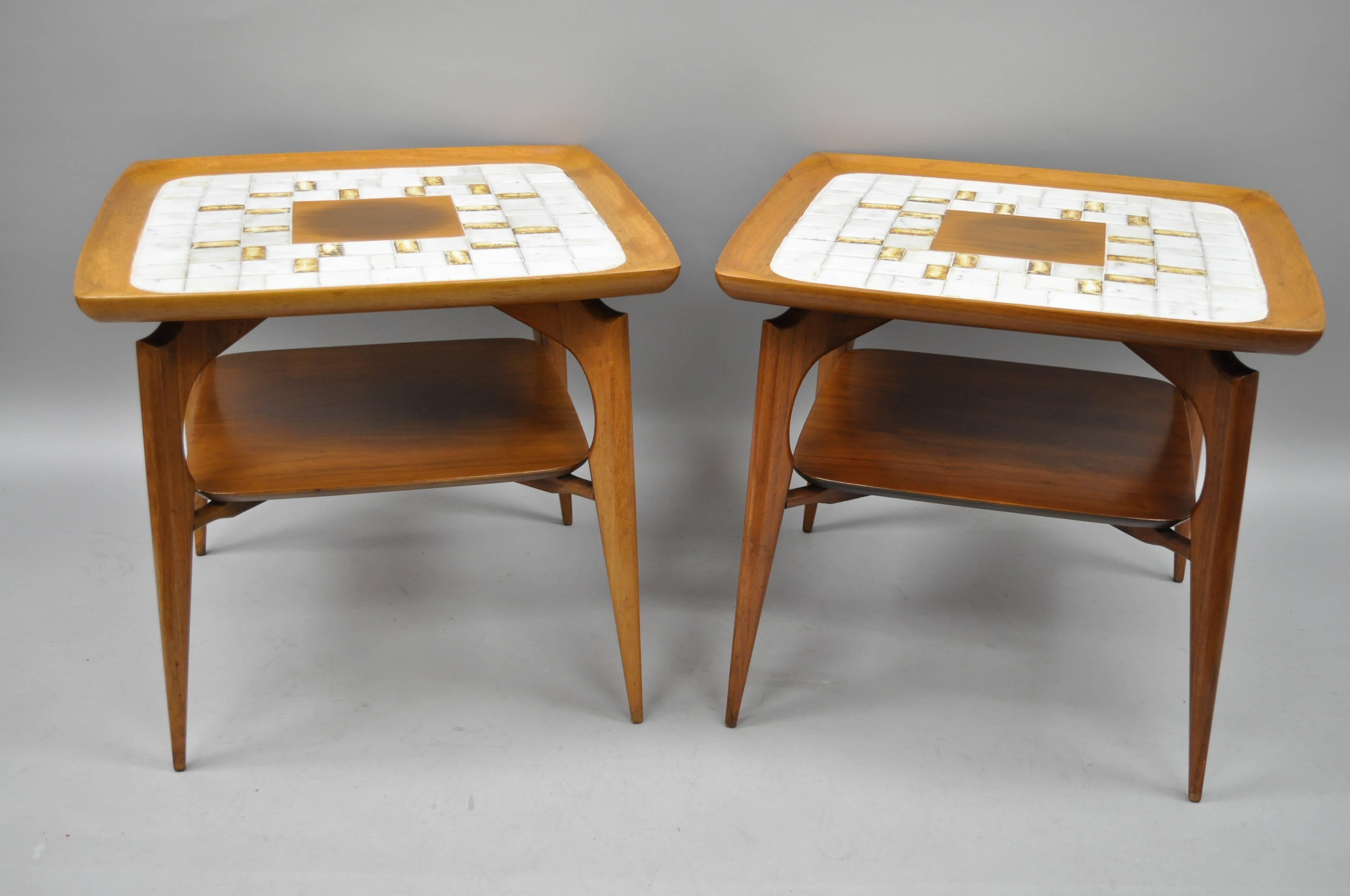 Pair of Mid Century Danish Modern Walnut & Tile Dish Top Sculptural End Tables For Sale 5