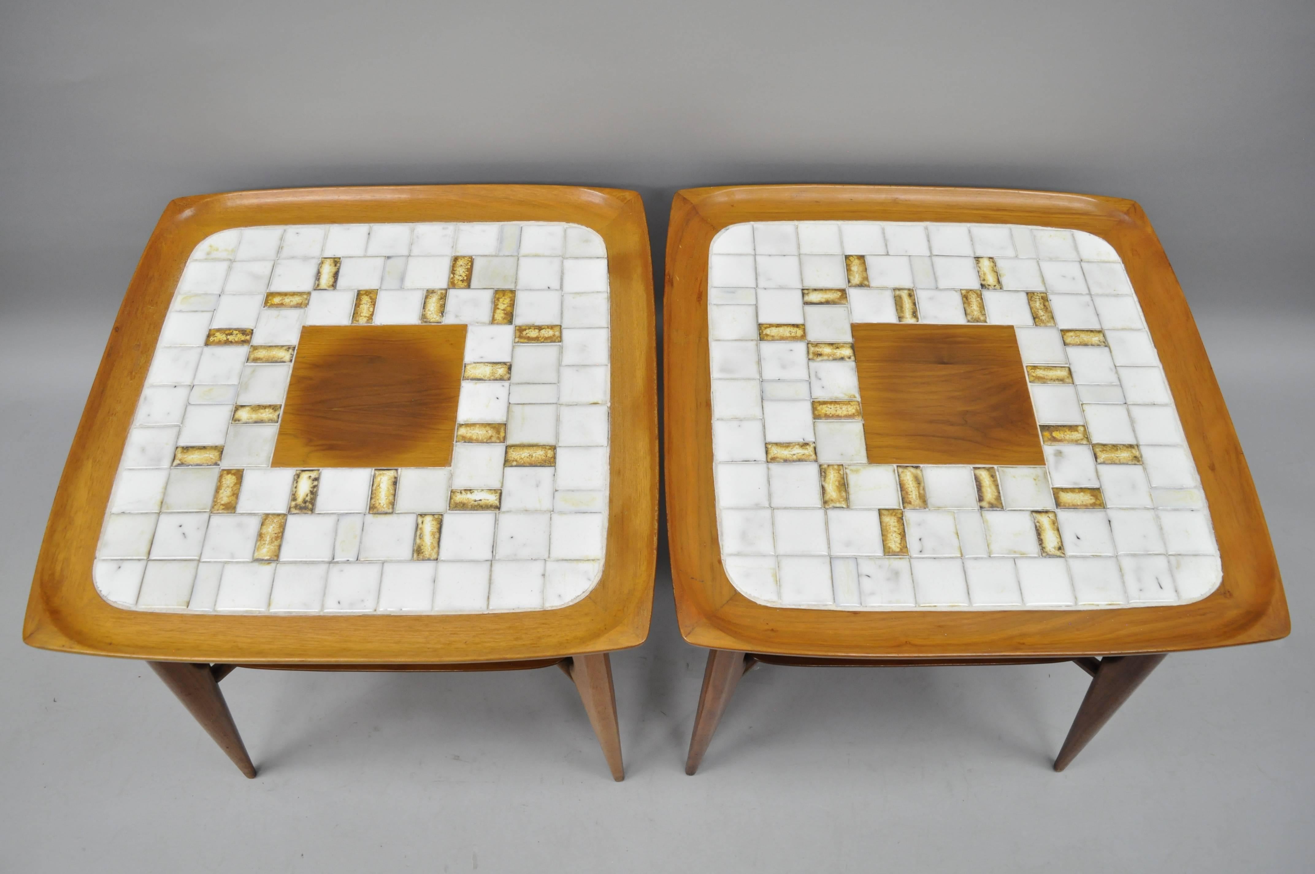 Mid-Century Modern Pair of Mid Century Danish Modern Walnut & Tile Dish Top Sculptural End Tables For Sale