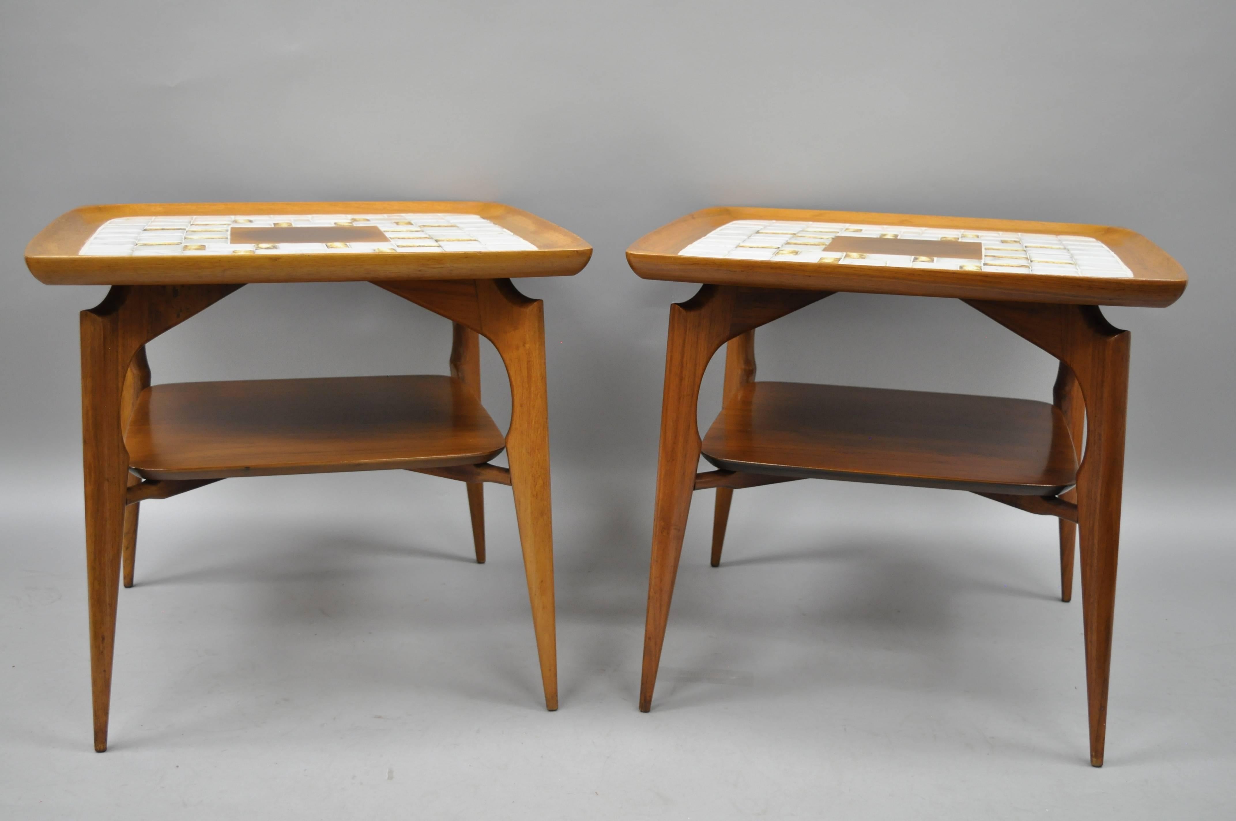 Mosaic Pair of Mid Century Danish Modern Walnut & Tile Dish Top Sculptural End Tables For Sale
