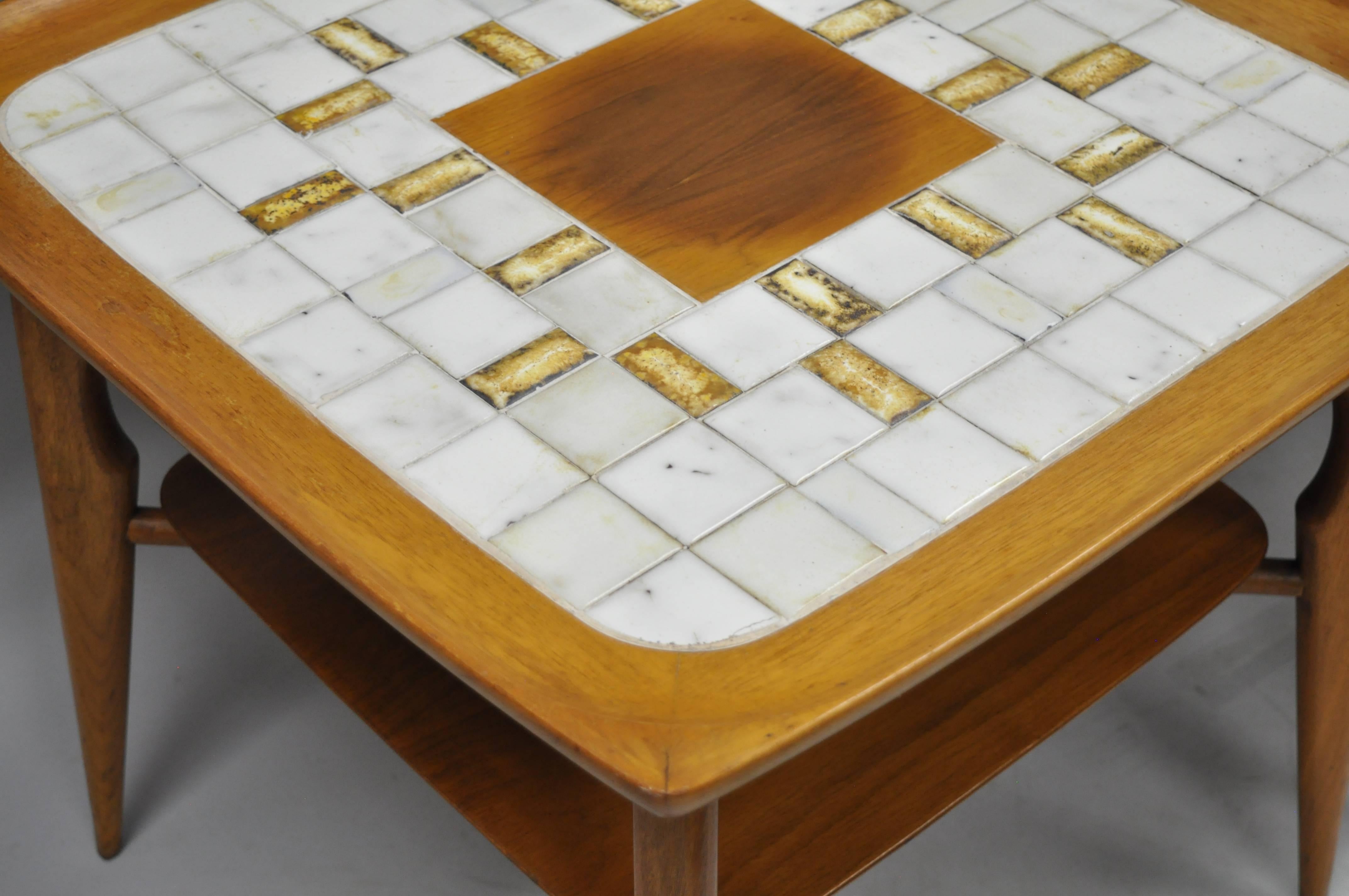 Pair of Mid Century Danish Modern Walnut & Tile Dish Top Sculptural End Tables For Sale 1