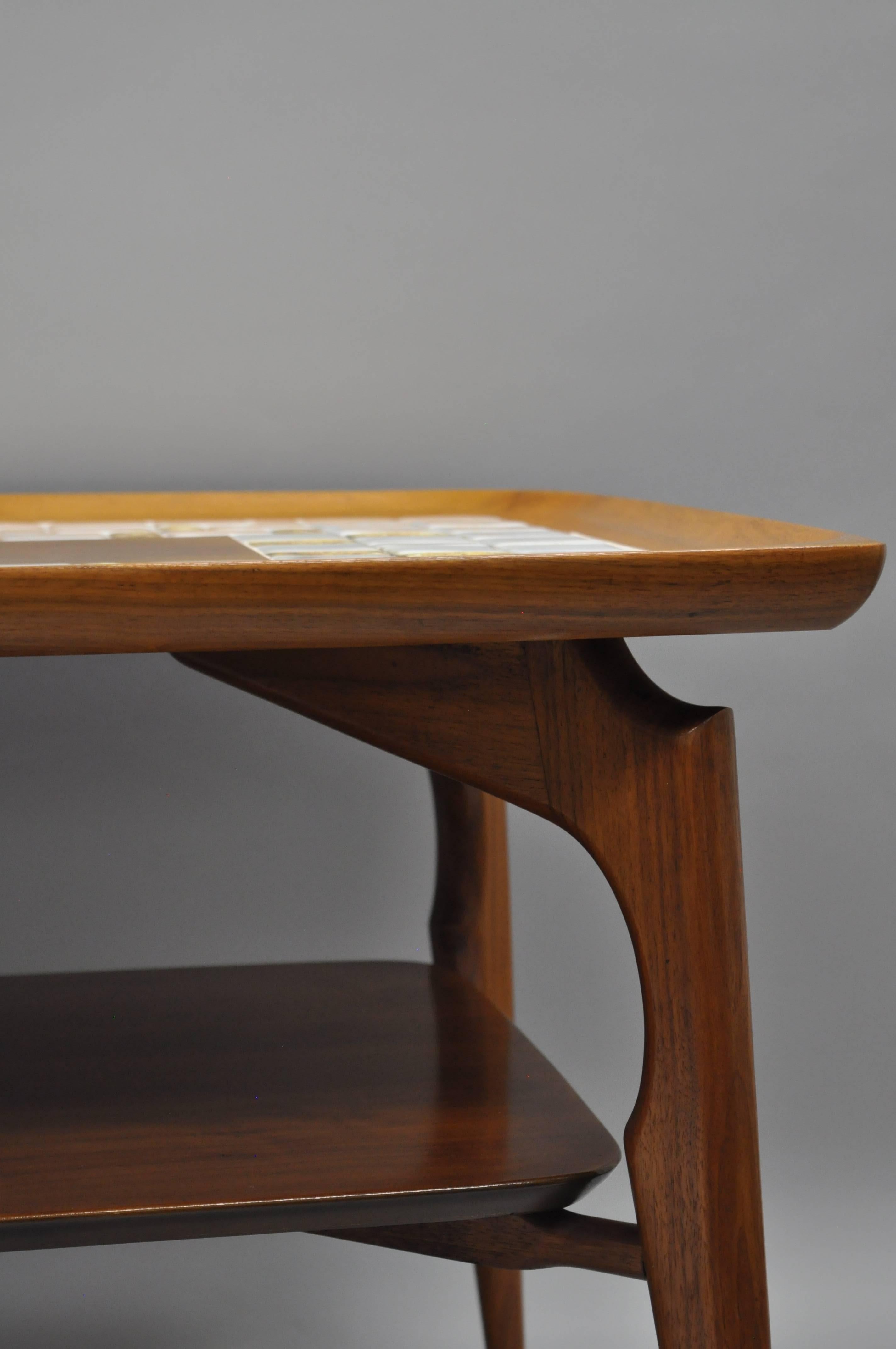 Pair of Mid Century Danish Modern Walnut & Tile Dish Top Sculptural End Tables For Sale 2
