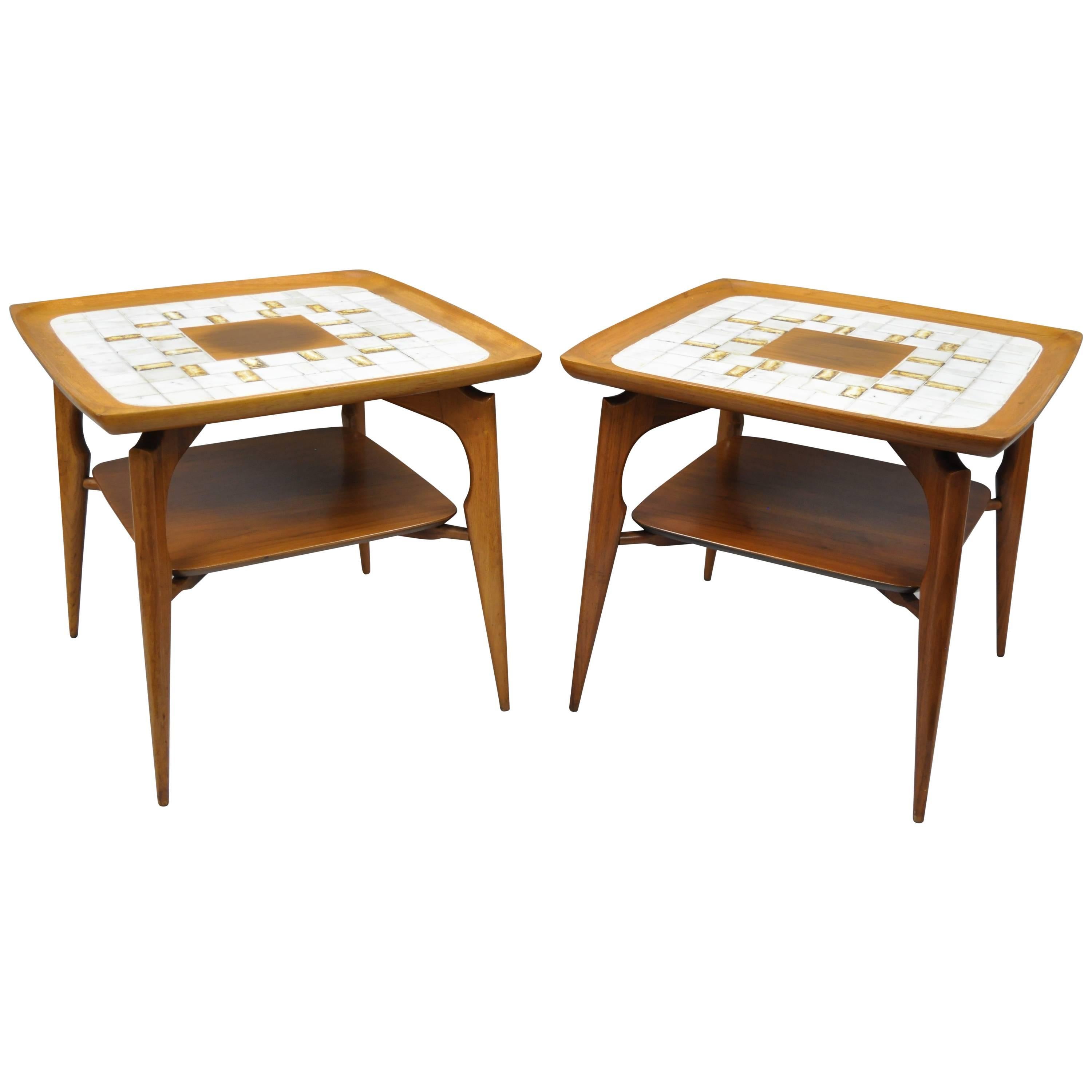 Pair of Mid Century Danish Modern Walnut & Tile Dish Top Sculptural End Tables For Sale