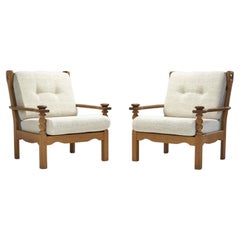 Pair of Danish Oak Easy Chairs with Carved Arm Supports, Denmark ca 1950s