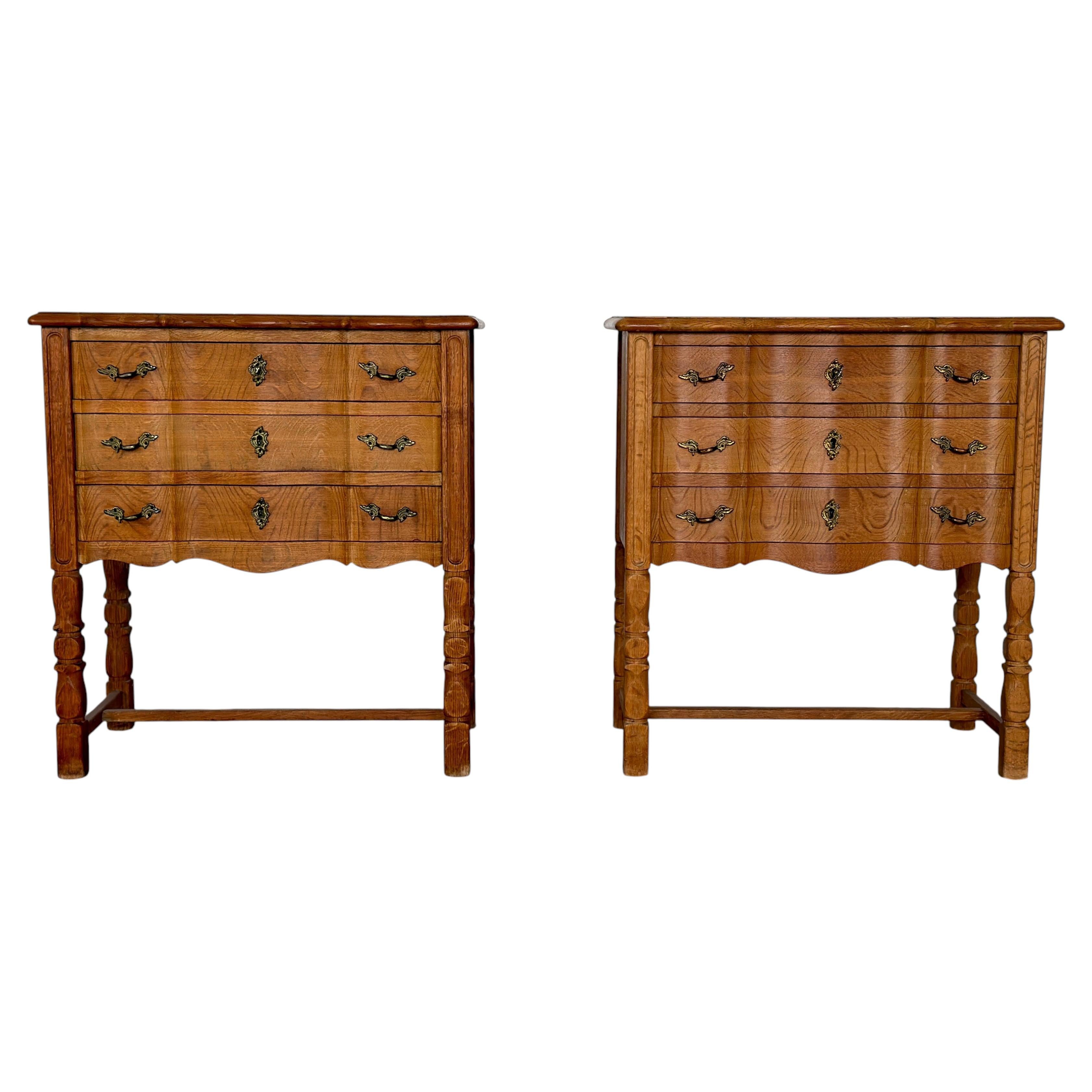 Pair of Danish Oak Rococo Chest of Drawers / Nightstands, 1960s