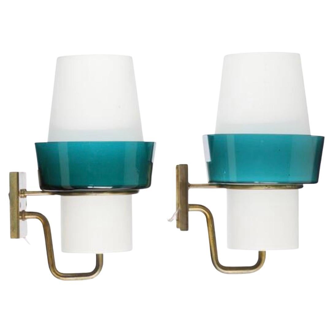 Pair of Danish Opaline Glass Sconces, Brass Frames, 1960s