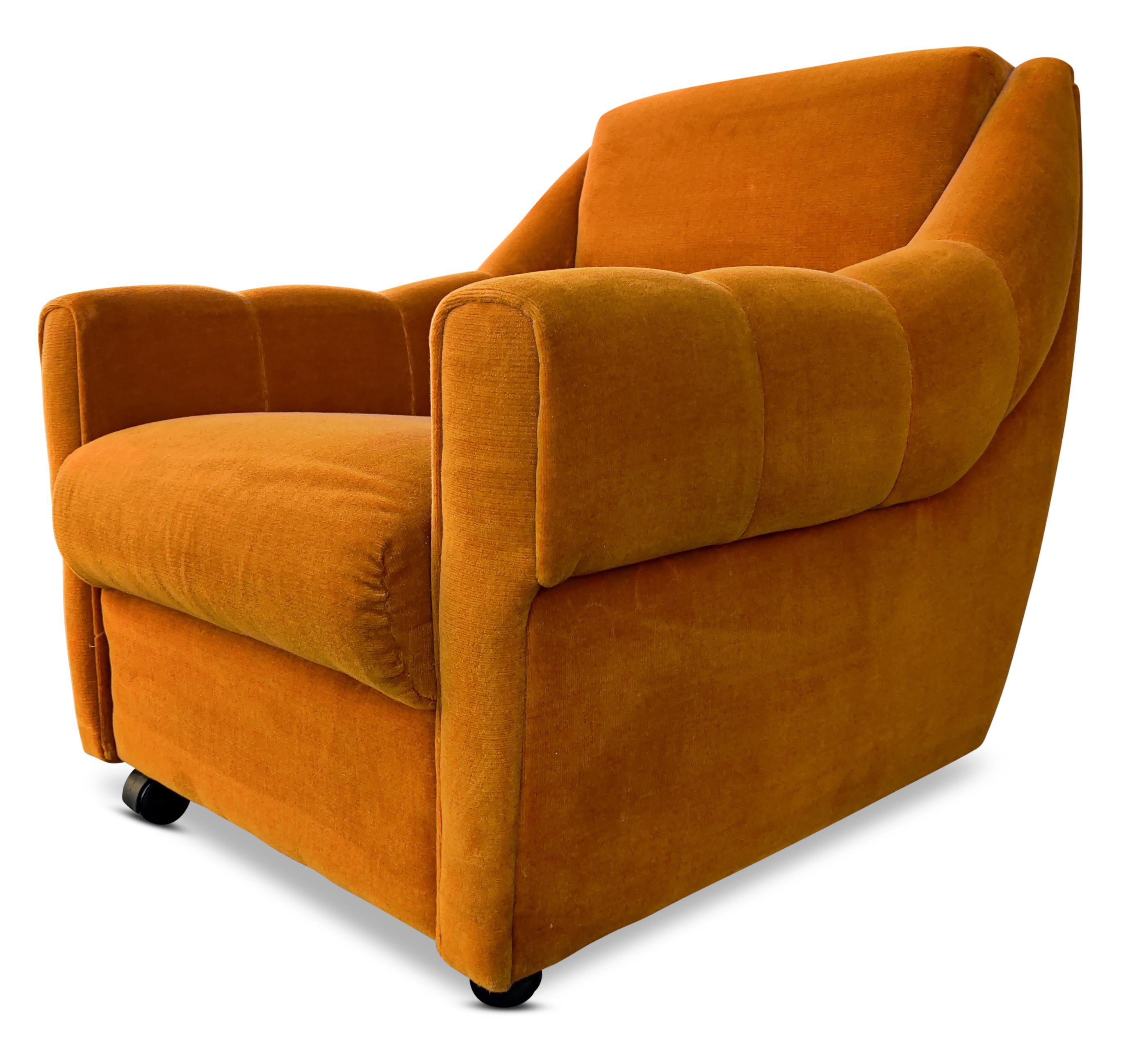 Pair of Danish Orange Upholstered Lounge Chairs on Wheels Mid-Century-Modern 5