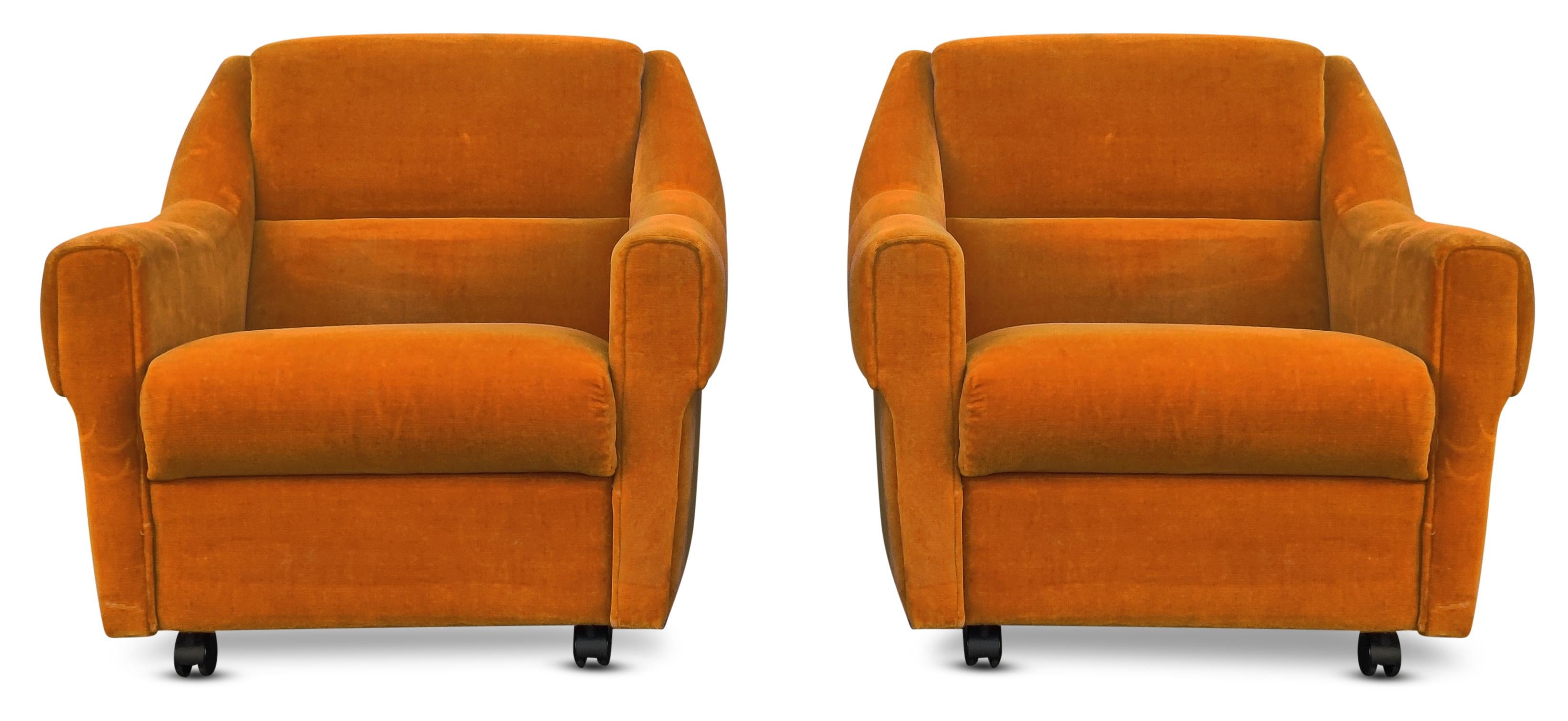 Mid-Century Modern Pair of Danish Orange Upholstered Lounge Chairs on Wheels Mid-Century-Modern