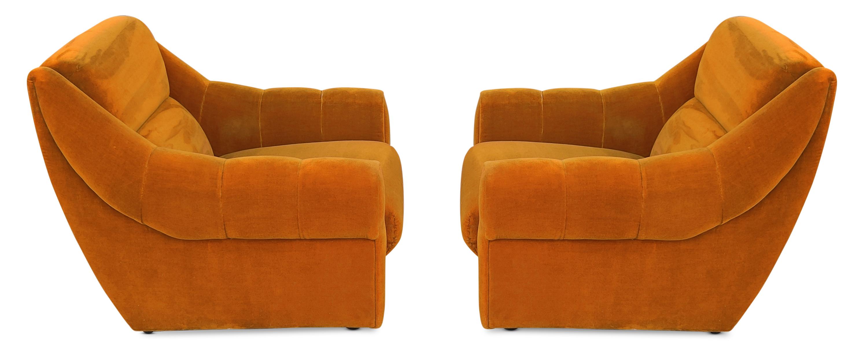Mid-20th Century Pair of Danish Orange Upholstered Lounge Chairs on Wheels Mid-Century-Modern