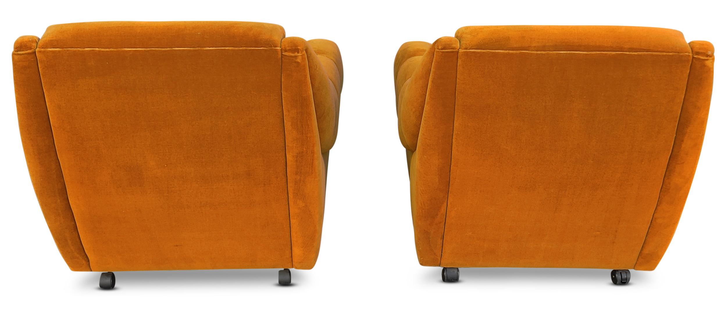 Upholstery Pair of Danish Orange Upholstered Lounge Chairs on Wheels Mid-Century-Modern