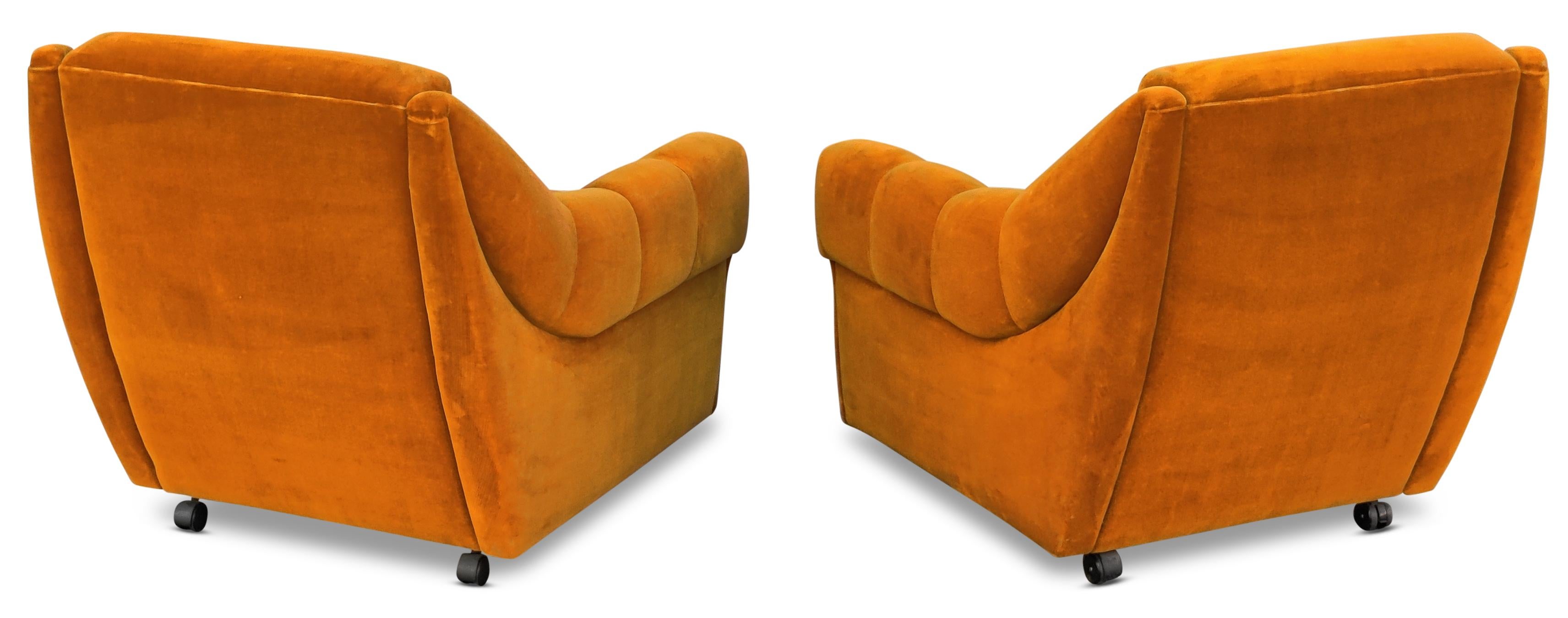 Pair of Danish Orange Upholstered Lounge Chairs on Wheels Mid-Century-Modern 1
