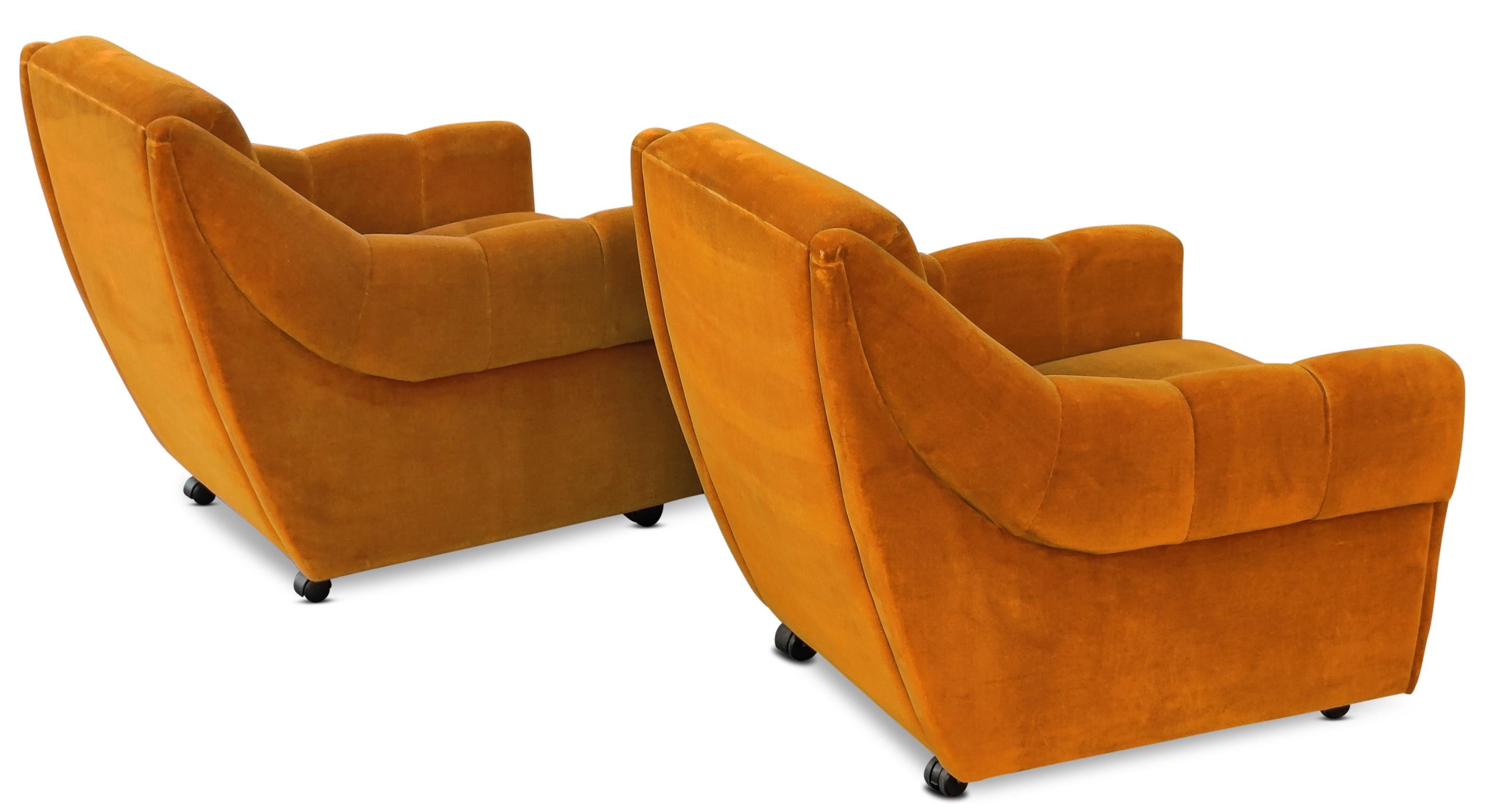 Pair of Danish Orange Upholstered Lounge Chairs on Wheels Mid-Century-Modern 2
