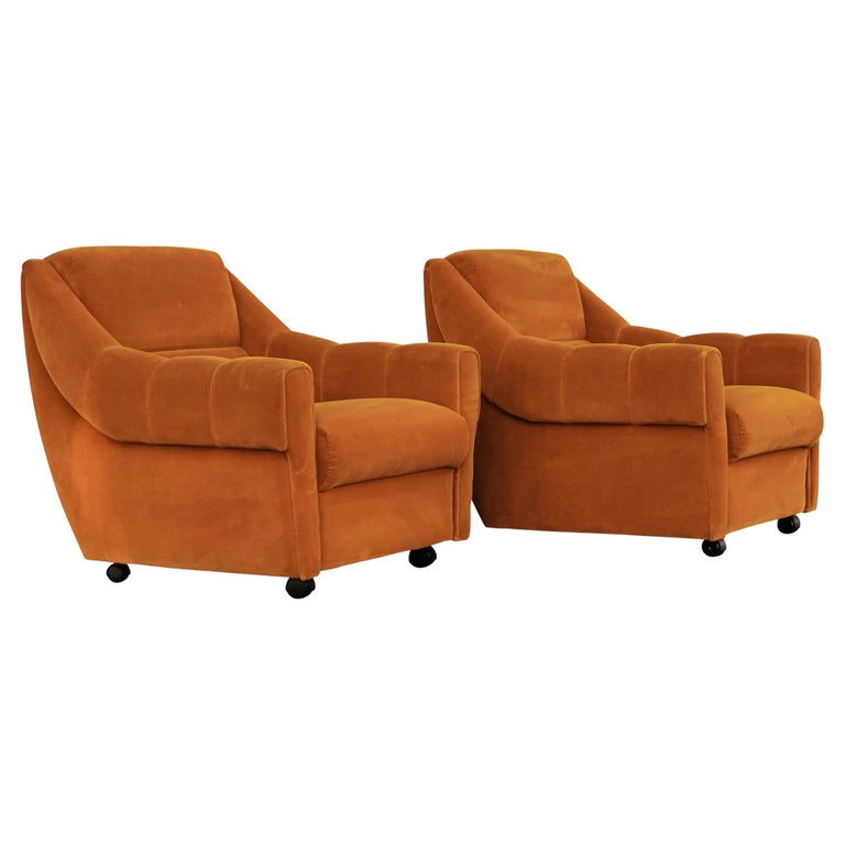 Pair of Danish Orange Upholstered Lounge Chairs on Wheels MidCentury