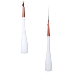 Pair of Danish Pendant Lamp, Teak and Opaline, 1950s, Scandinavian