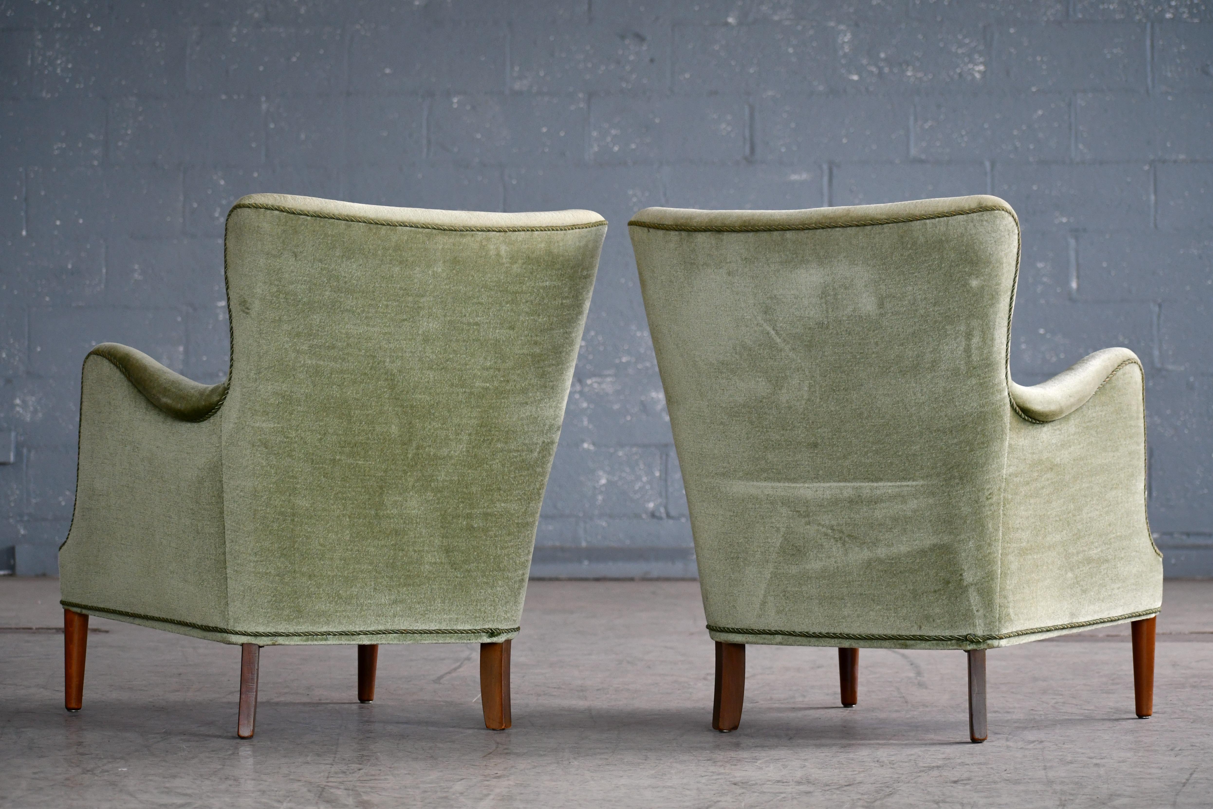 Pair of Danish Peter Hvidt  Attributed Lounge Chairs Green Mohair 1