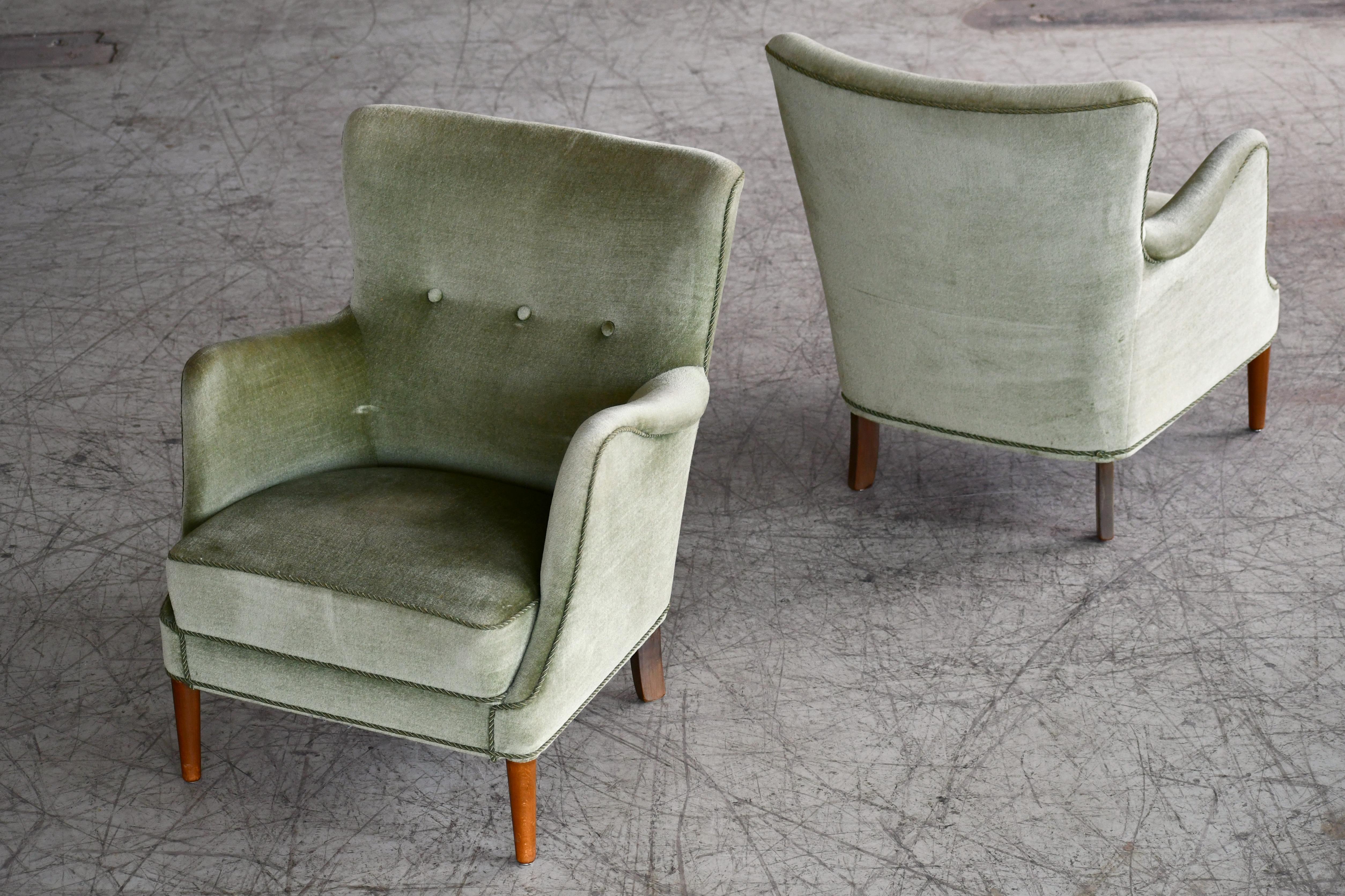 Pair of Danish Peter Hvidt  Attributed Lounge Chairs Green Mohair 2