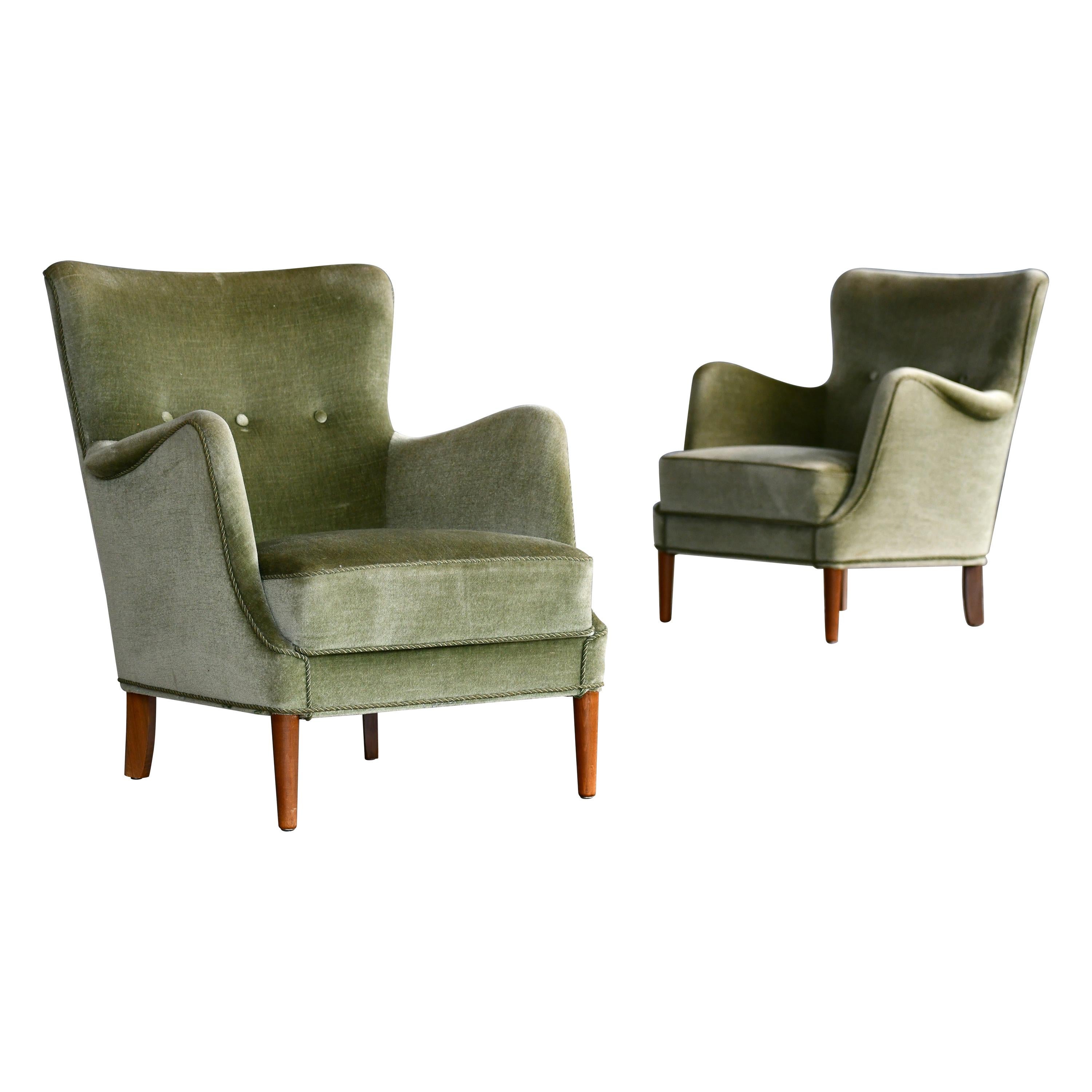 Pair of Danish Peter Hvidt  Attributed Lounge Chairs Green Mohair
