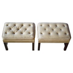 Retro Pair of Danish Rectangular Midcentury Ottomans in Tufted Beige Leather 1950's