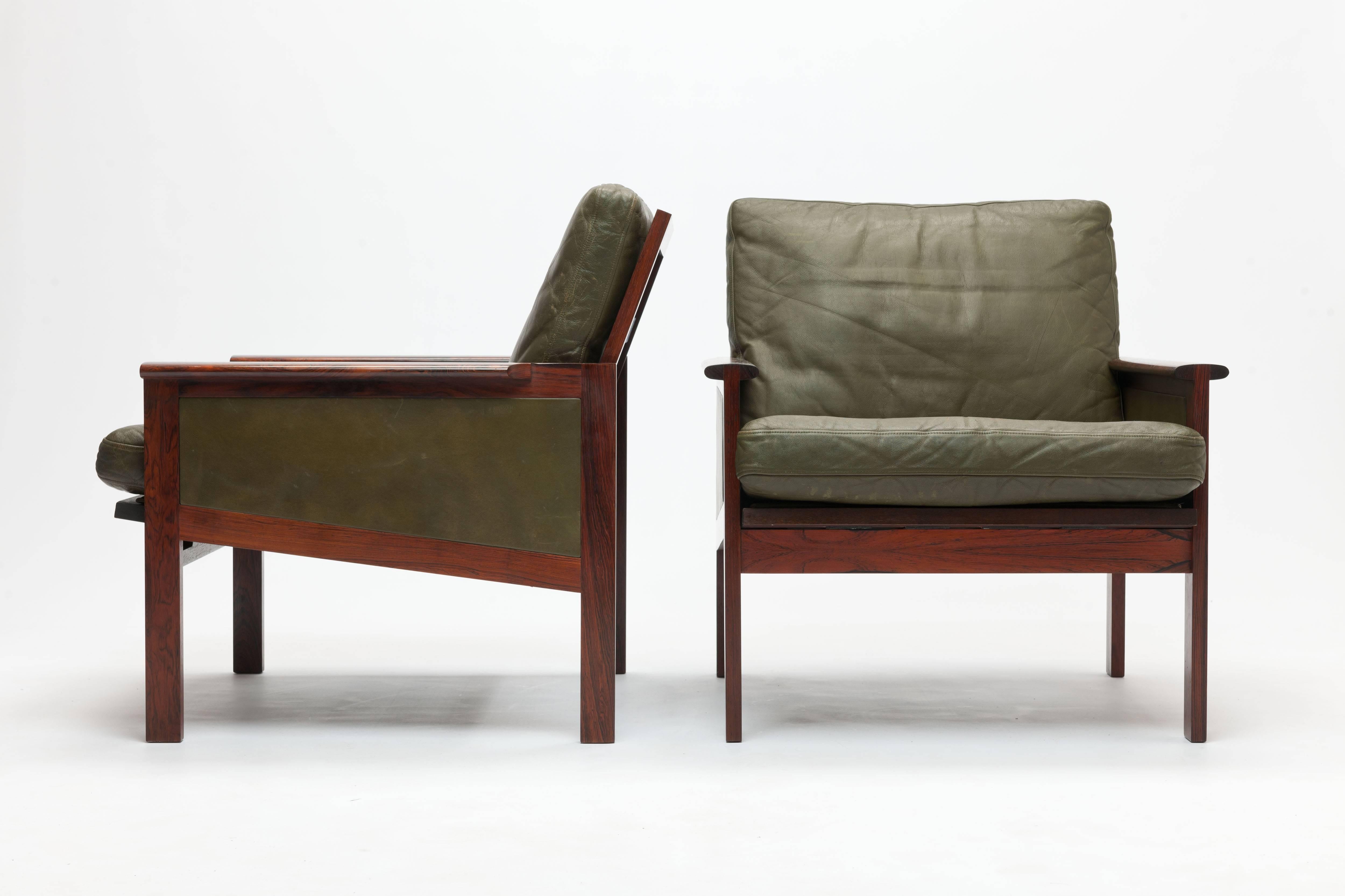 Pair of Danish Rosewood and Green Leather Armchairs by Illum Wikkelsø 9