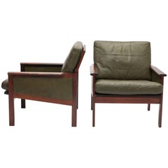 Pair of Danish Rosewood and Green Leather Armchairs by Illum Wikkelsø