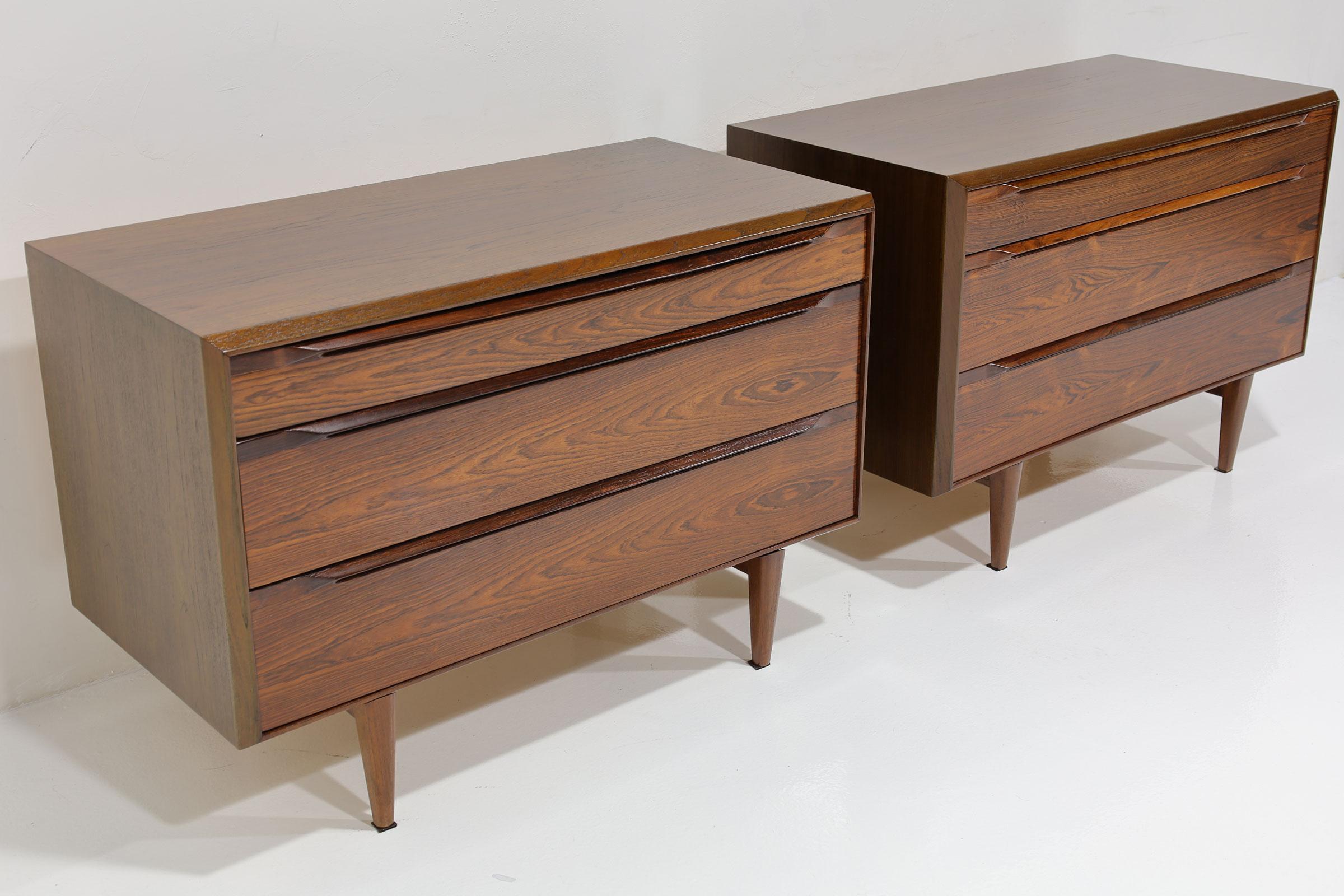 Beautiful pair of rosewood and teak chest fully restored. Great for banking a fireplace, entrance or as nightstands. 