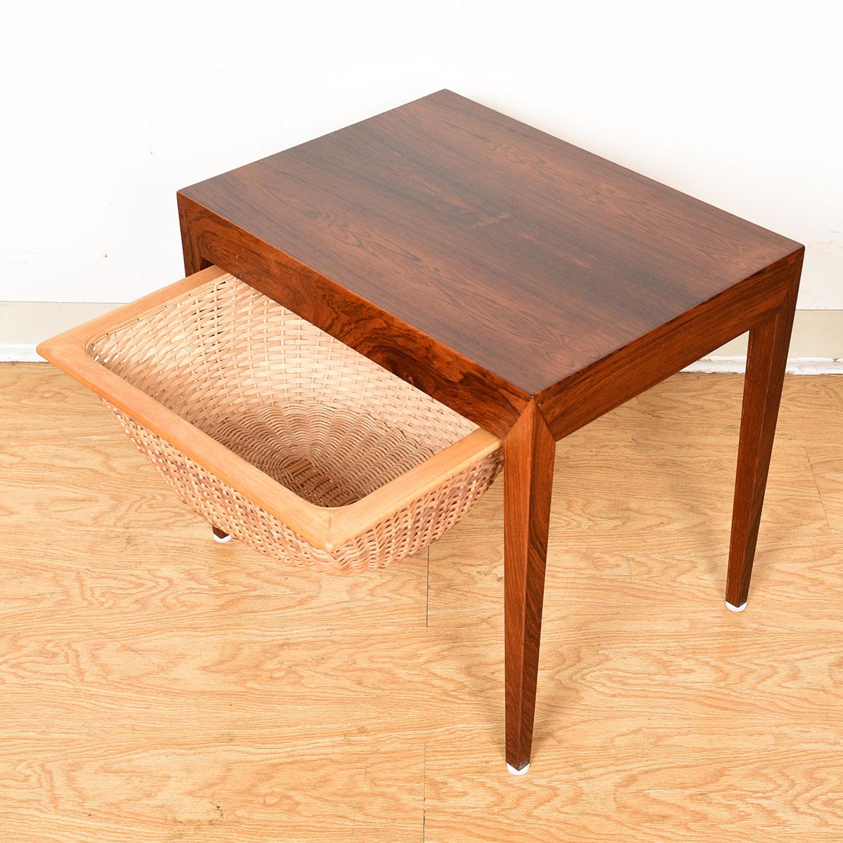 Mid-Century Modern Pair of Danish Rosewood Night Stands /Sewing Basket Tables with Storage Drawer