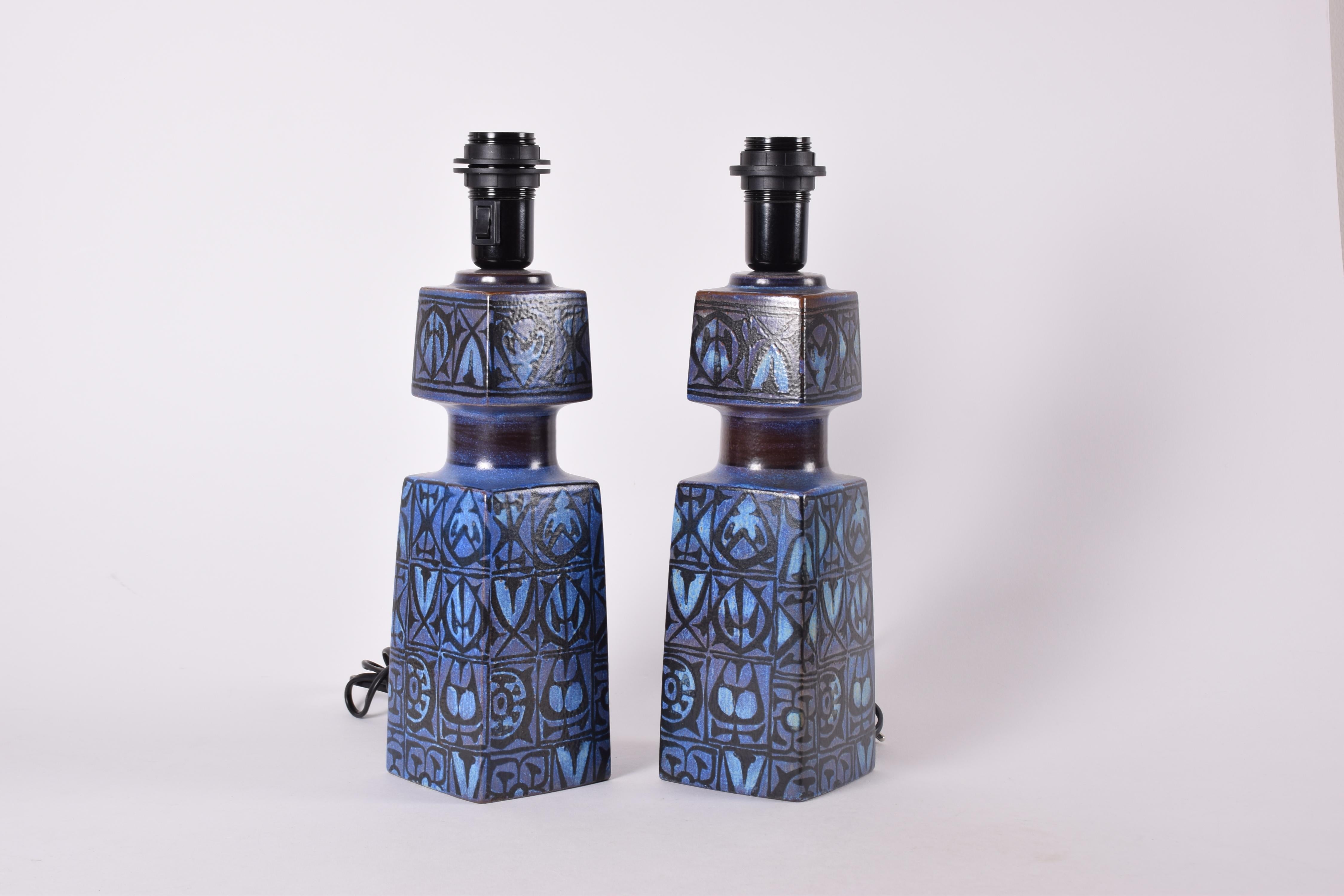 Mid-Century Modern Pair of Danish Royal Copenhagen Baca Blue Table Lamps by Nils Thorsson, 1970s