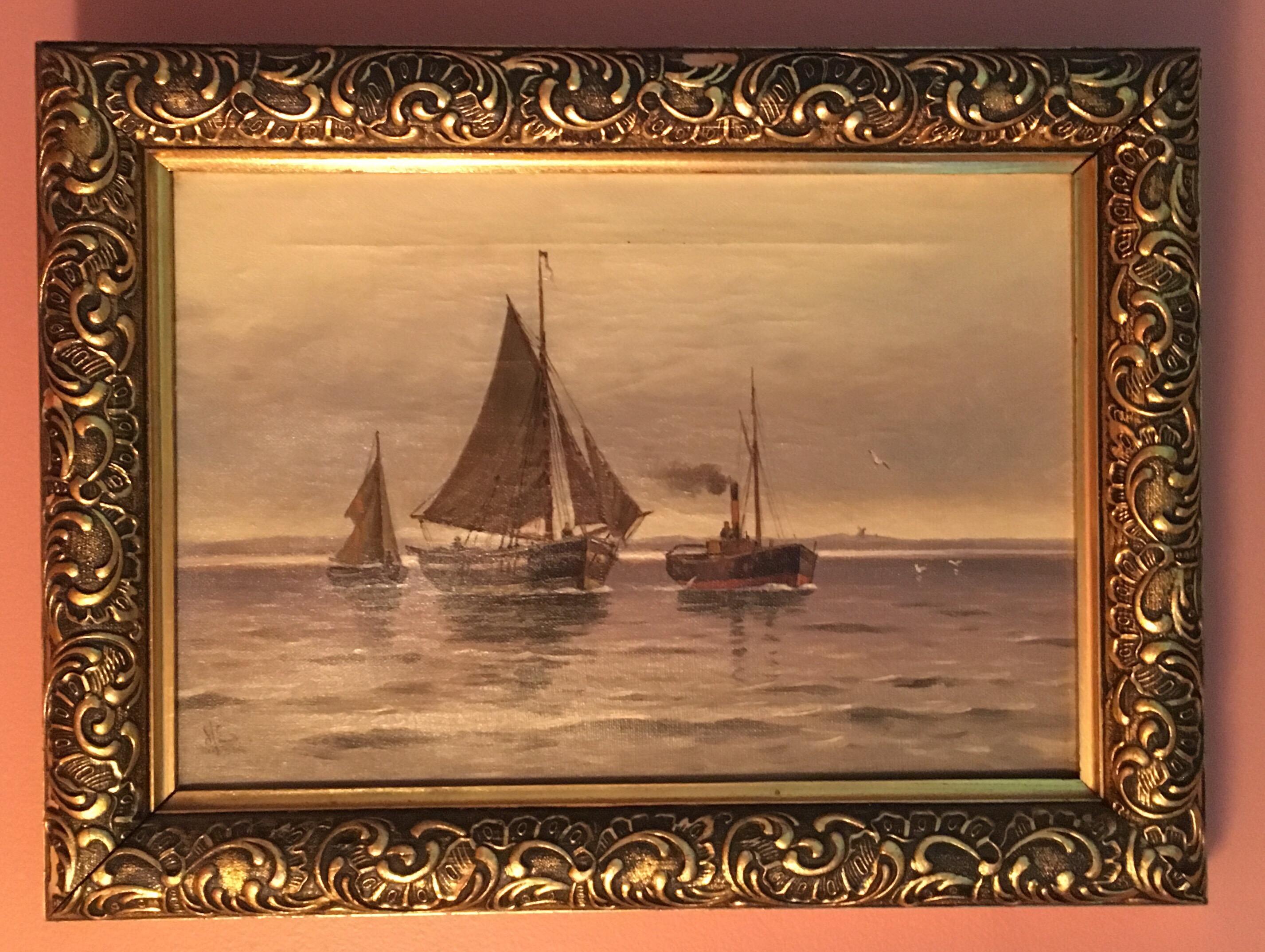 Charming pair of matched seascape paintings, depicting fishing boats sailing and at sunset. Lovely dusky colors and sweet details. Probably late 19th or early 20th century. 

Listed dimensions are for each painting and include frame. Unframed: