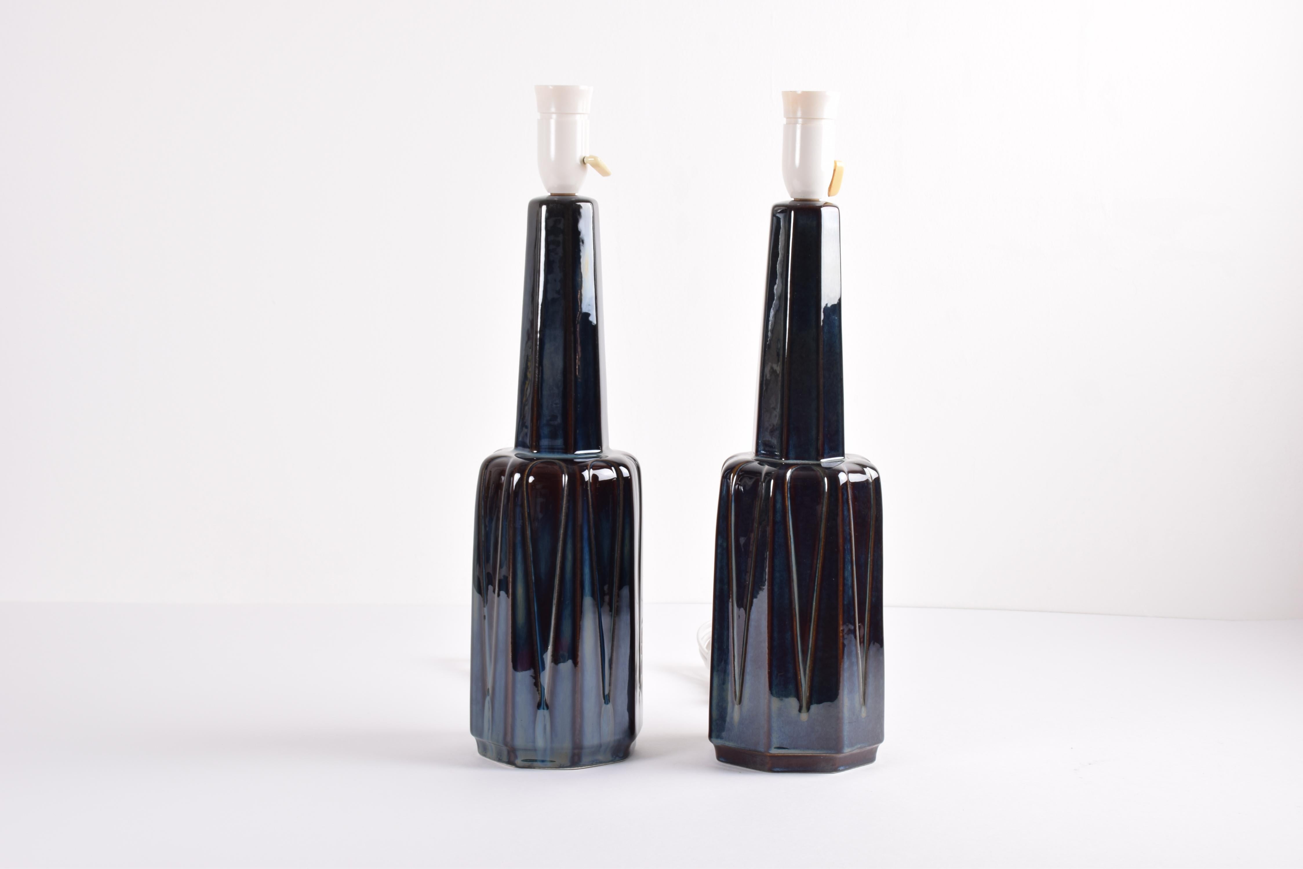 Mid-Century Modern Pair of Danish Søholm Tall Blue Ceramic Table Lamps Einar Johansen Attributed For Sale