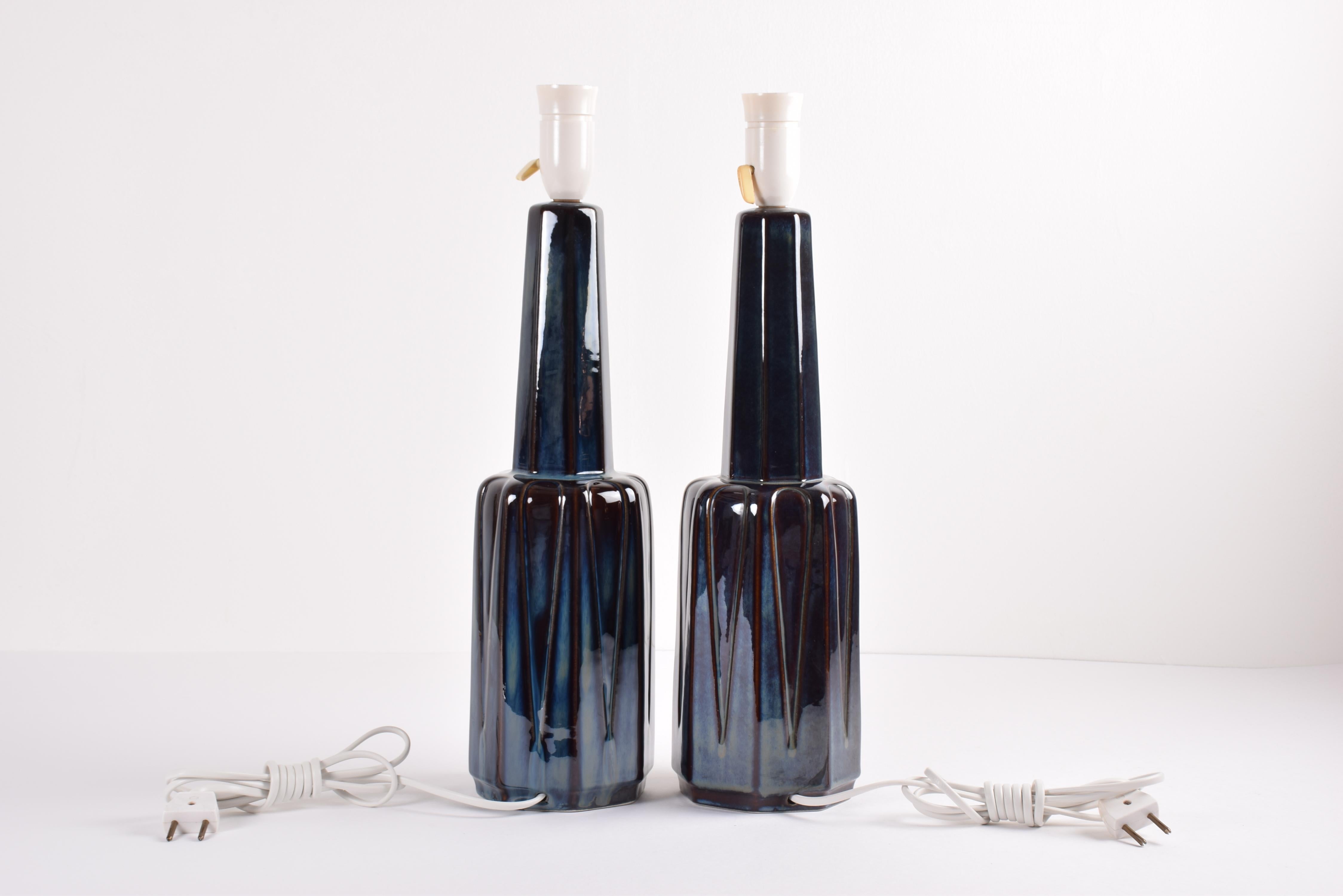 Mid-20th Century Pair of Danish Søholm Tall Blue Ceramic Table Lamps Einar Johansen Attributed For Sale