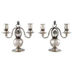 Pair of Danish Silver Two-Light Candelabras, Designed by Georg Jensen